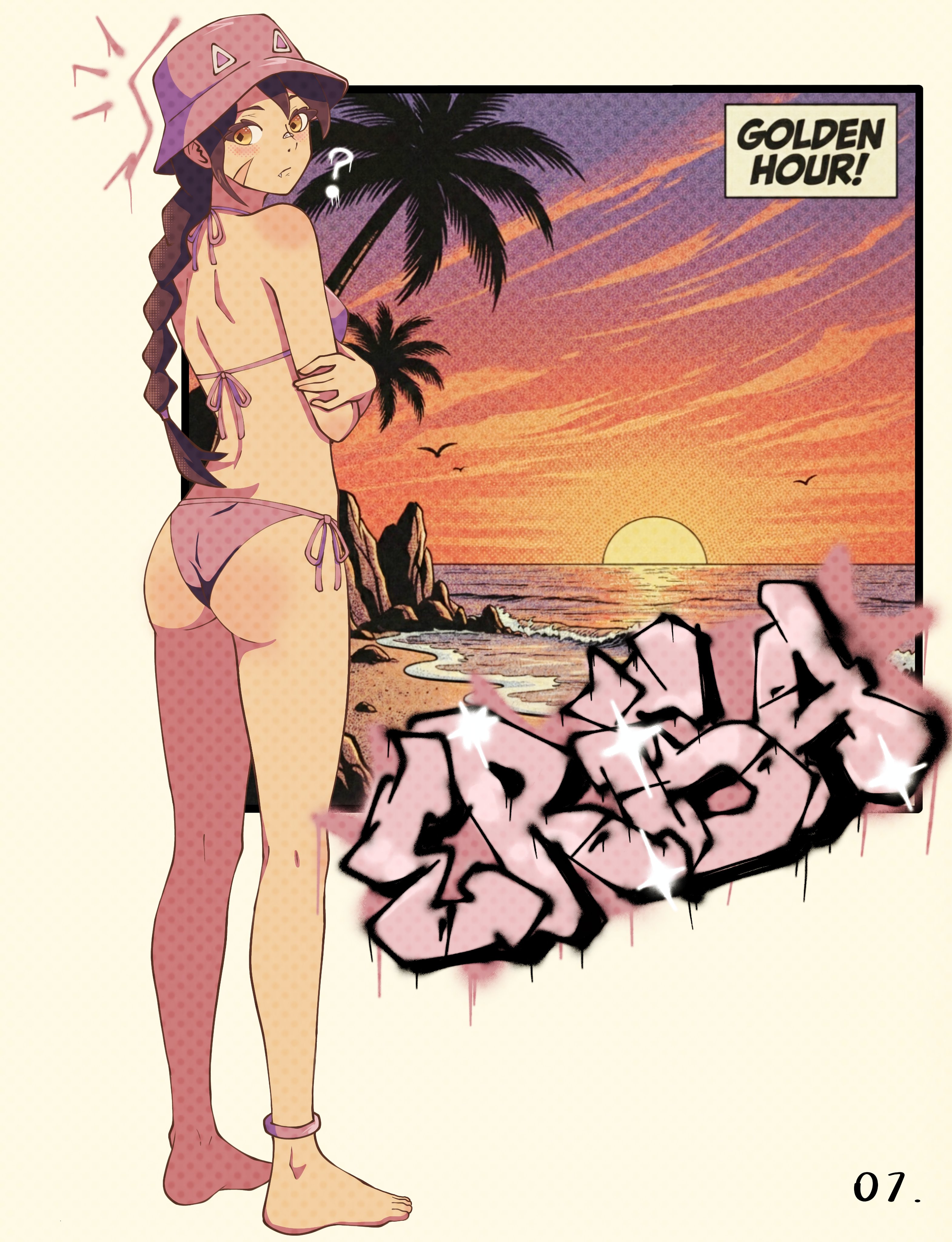 erisa (fortnite), fortnite, tagme, 1girl, ?, ass, bikini, looking at viewer, side-tie bikini bottom, swimsuit, volticcore