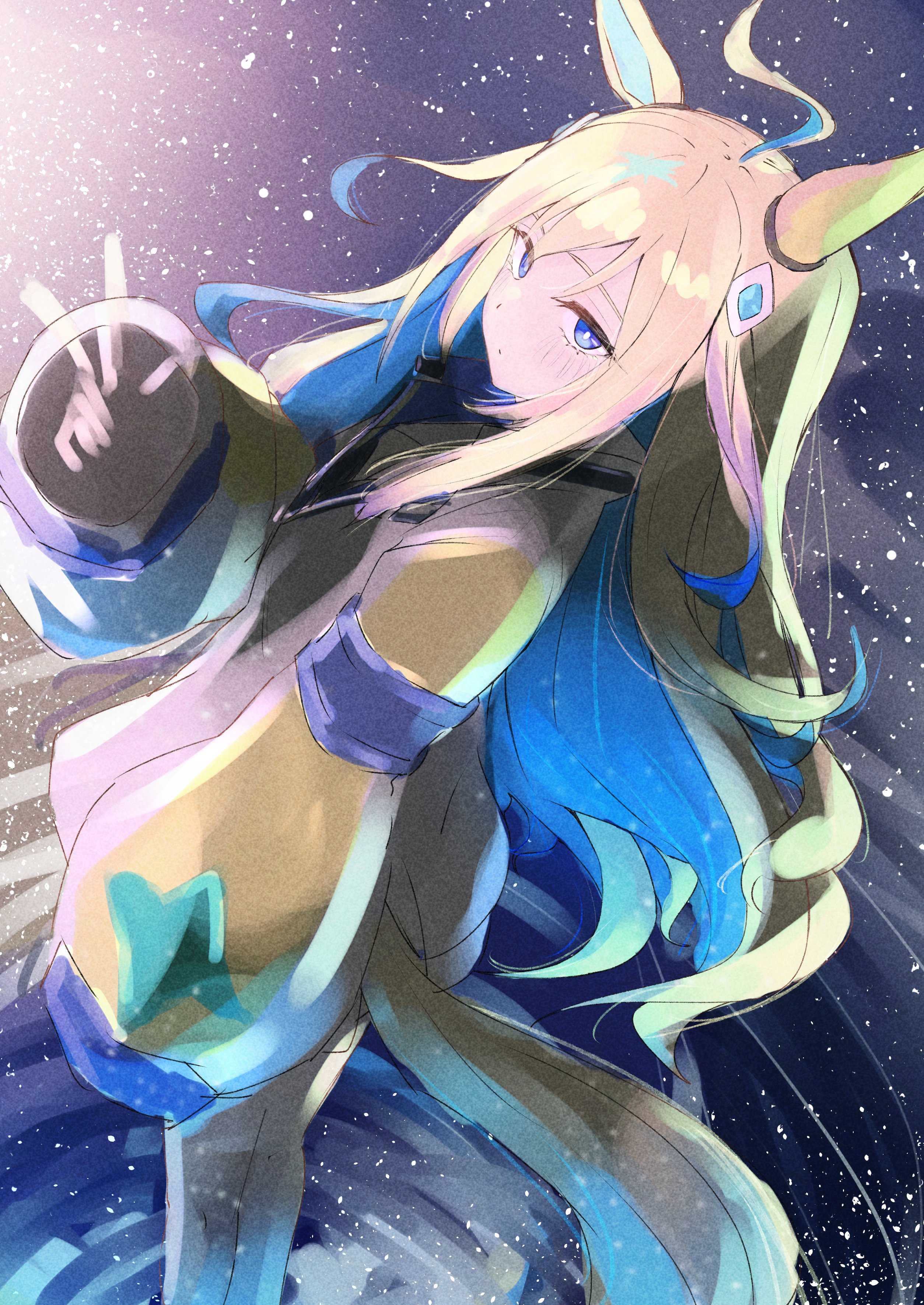 yrouumkinnoaw, neo universe (umamusume), neo universe (universe-naut) (umamusume), umamusume, absurdres, commentary request, highres, 1girl, ahoge, animal ears, blonde hair, blue eyes, blue hair, colored inner hair, diamond hair ornament, ear covers, hair between eyes, horse ears, horse girl, horse tail, jacket, long hair, long sleeves, multicolored hair, pants, ripples, single ear cover, solo, tail, two-tone hair, w