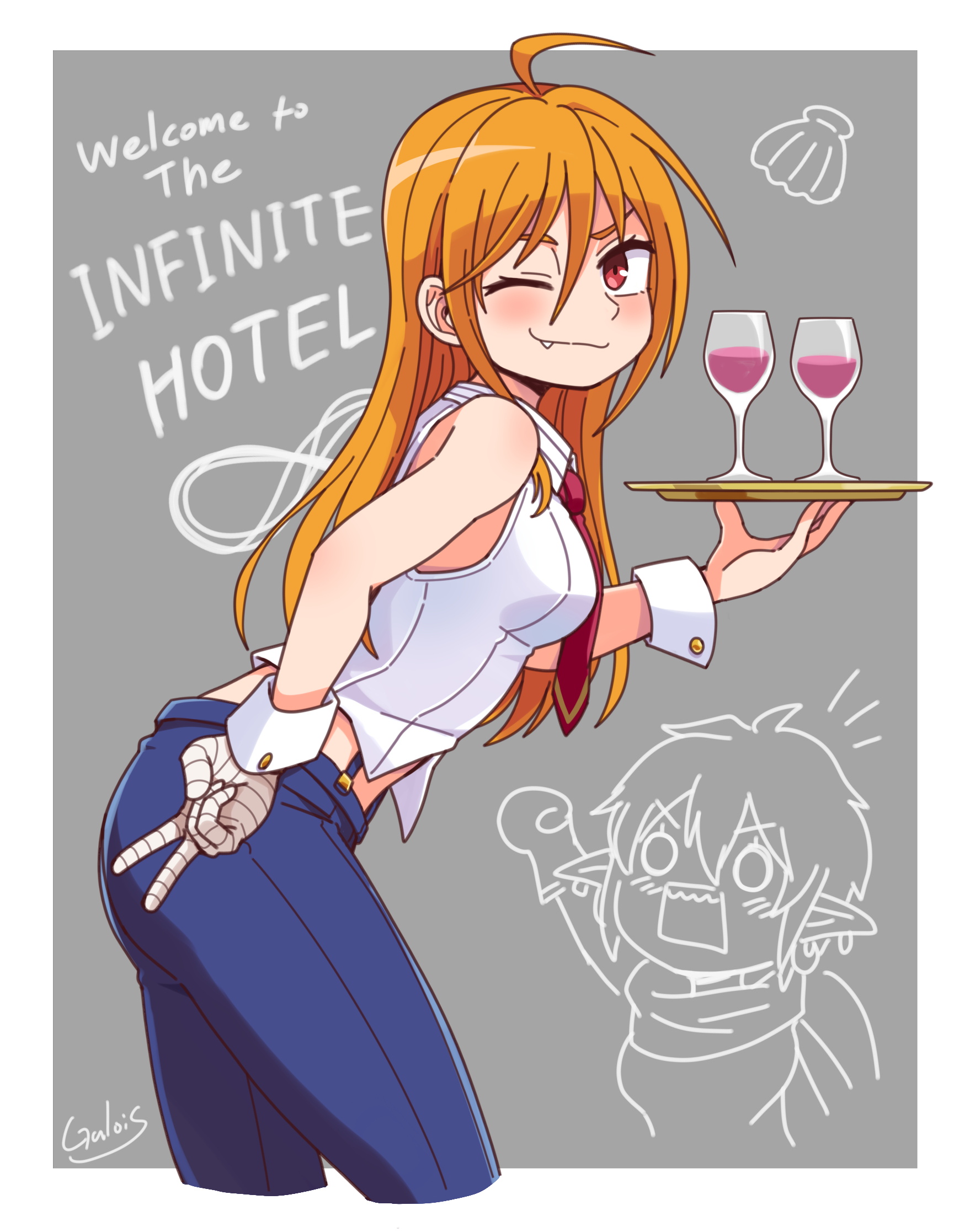 galois, commentary request, highres, korean commentary, 2girls, ahoge, bandaged hand, bandages, blue pants, breasts, chibi, chibi inset, collared vest, cup, drinking glass, english text, fang, fantasy suhakdaejeon, from side, holding, holding tray, io (fantasy suhakdaejeon), kei (fantasy suhakdaejeon), long hair, looking at viewer, medium breasts, multiple girls, necktie, one eye closed, orange hair, pants, pointy ears, purple necktie, red eyes, signature, suspenders, tray, v, vest, white vest, wine glass, wrist cuffs