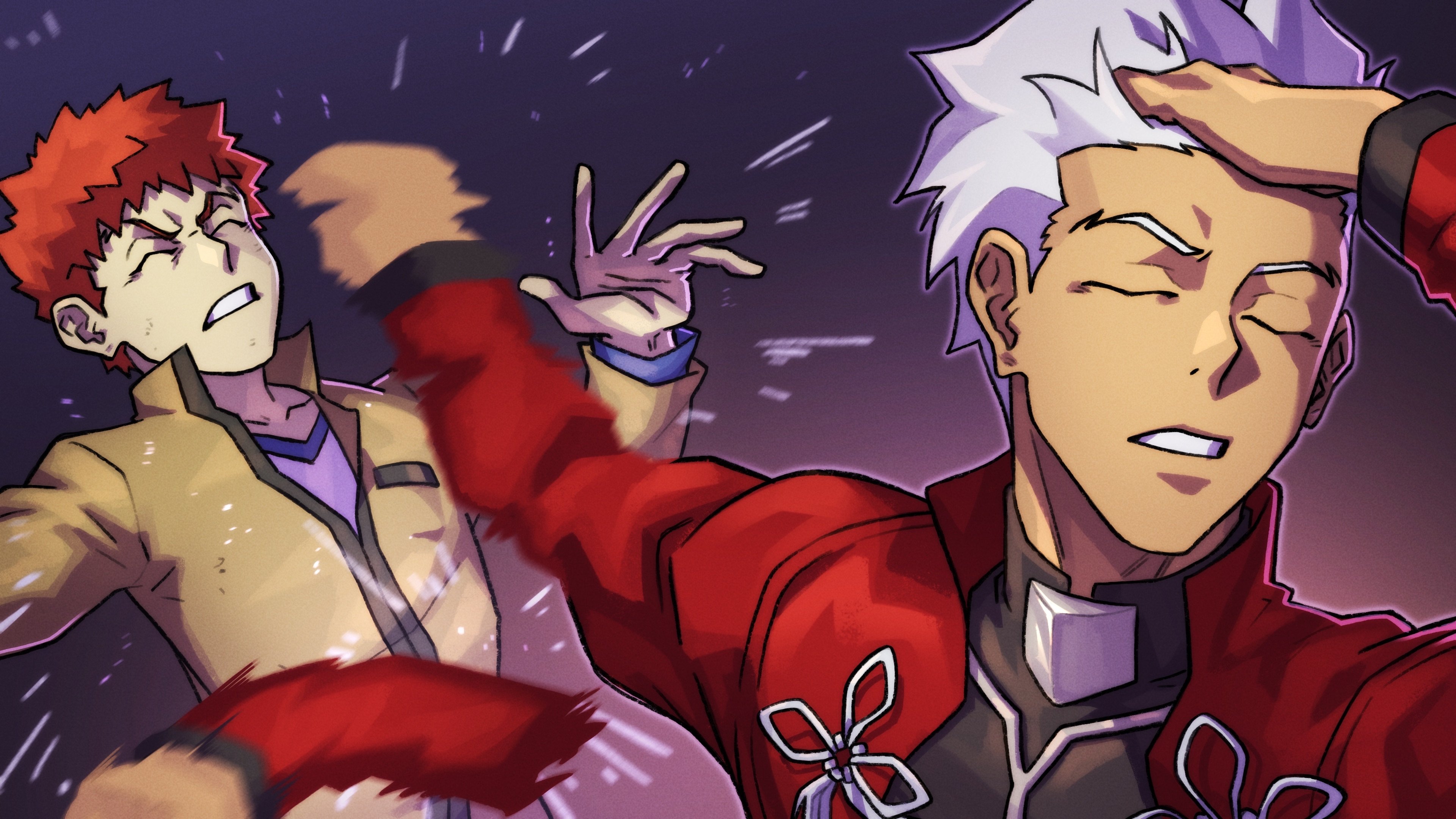 alejandro pupo, archer (fate), emiya shirou, fate/stay night, fate (series), absurdres, commentary, highres, 2boys, adjusting hair, coat, hand in own hair, hand on own head, male focus, meme, messy hair, multiple boys, naoya hitting choso without looking (meme), punching, rapid punches, red coat, red hair, scene reference, school uniform, spiked hair, white hair