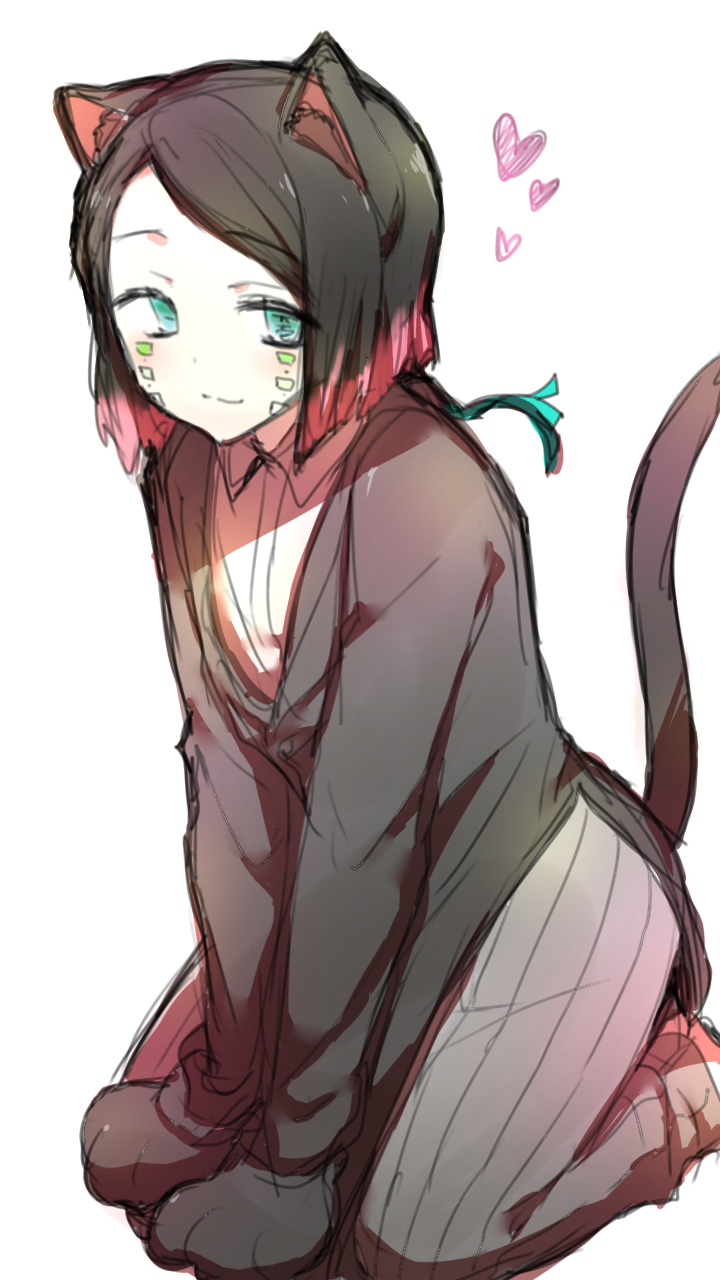 enmu (kimetsu no yaiba), kimetsu no yaiba, commentary request, highres, 1boy, animal ears, animal hands, aqua eyes, asymmetrical bangs, black hair, black jacket, black tail, blush, buttons, cat ears, cat tail, closed mouth, colored tips, demon boy, facial mark, from above, full body, gloves, grey pants, hanemuu, heart, jacket, kemonomimi mode, kneeling, light blush, long sleeves, looking at viewer, male focus, medium hair, multicolored hair, pants, paw gloves, pinstripe pants, pinstripe pattern, simple background, smile, solo, split mouth, suit jacket, symbol-shaped pupils, tail, tears facial mark, trap, undershirt, v arms, white background