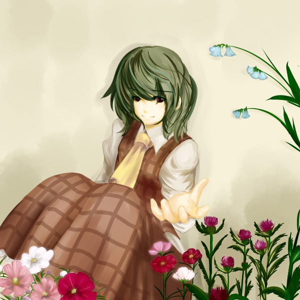 hato return, kazami yuuka, touhou, bad id, bad pixiv id, 1girl, ascot, bellflower, female focus, flower, foreshortening, green hair, plaid clothes, plaid skirt, plaid vest, reaching, red eyes, sitting, skirt, skirt set, smile, solo, vest