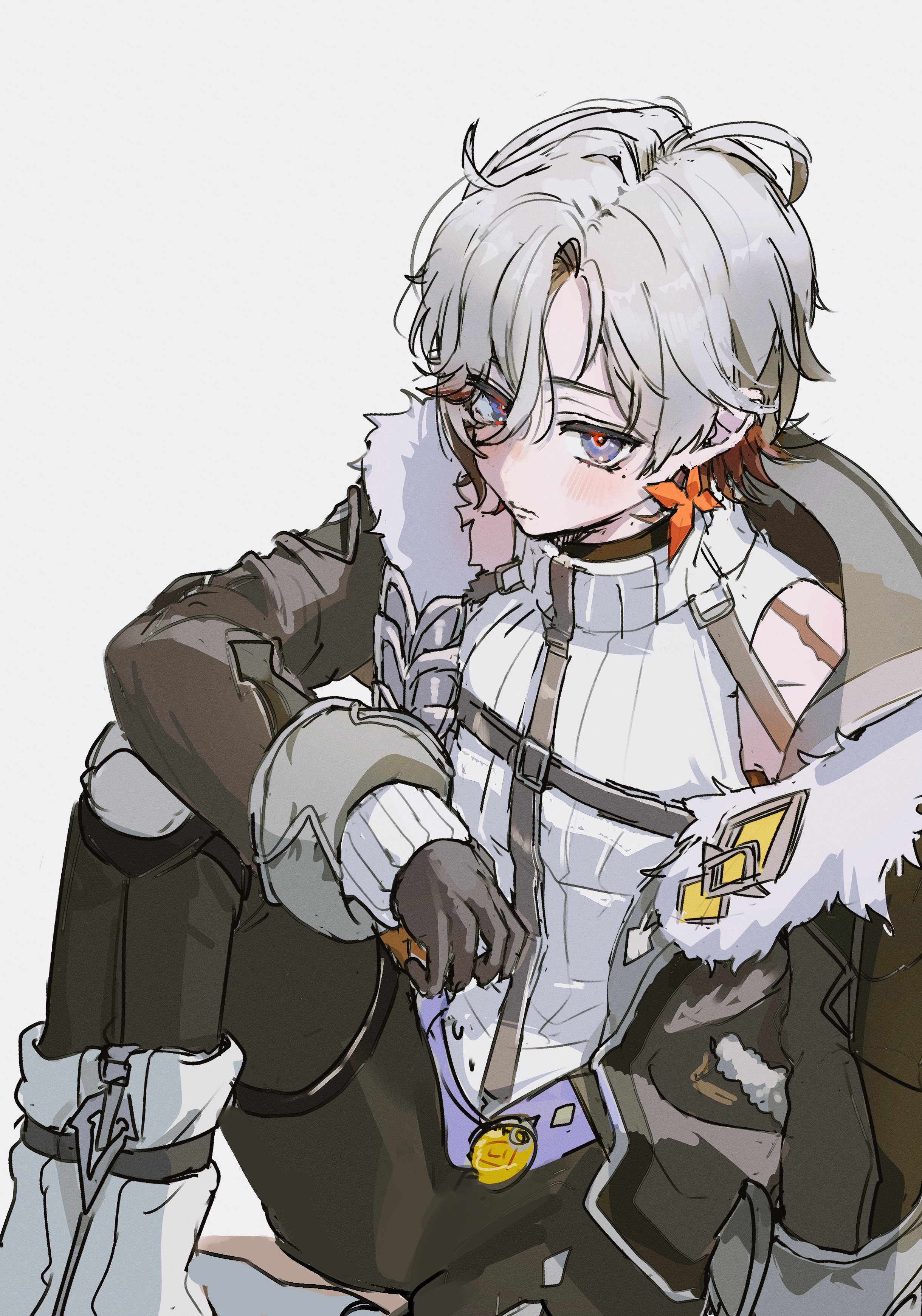 illuga (genshin impact), genshin impact, absurdres, commentary, highres, 1boy, arm on knee, black gloves, blush, chest harness, closed mouth, from above, fur-trimmed jacket, fur trim, gloves, grey eyes, grey hair, hair between eyes, harness, jacket, knee up, long sleeves, looking at viewer, looking up, male focus, mole, mole under eye, open clothes, open jacket, pu tan inu, shirt, short hair, simple background, sitting, sleeveless, sleeveless shirt, solo, vision (genshin impact), white background, white shirt