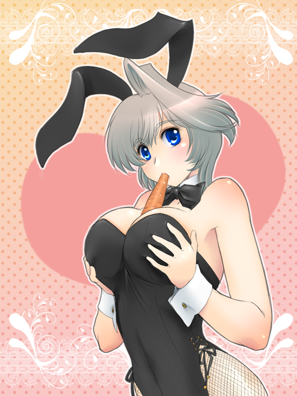 yagisaka seto, original, silver hair, 1girl, animal ears, blue eyes, breasts, carrot, fake animal ears, female focus, fishnet pantyhose, fishnets, large breasts, mouth hold, pantyhose, playboy bunny, rabbit ears, sexually suggestive, short hair, solo