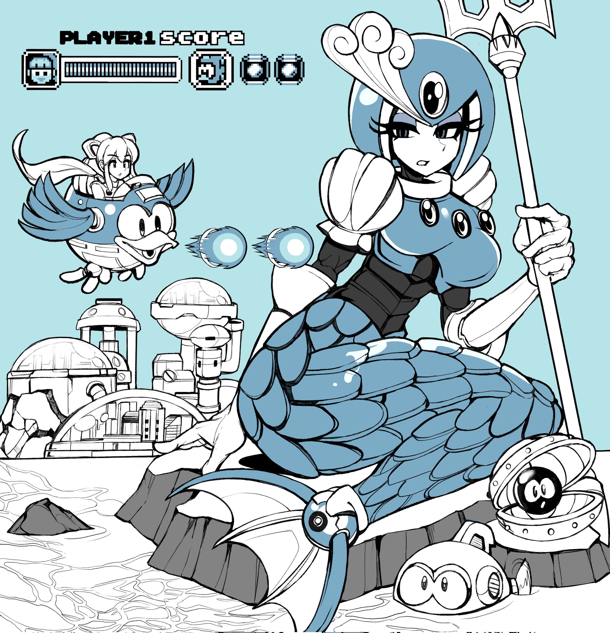 ando606mph, beat (mega man), roll (mega man), splash woman, mega man (classic), mega man (series), highres, 2girls, armor, eyelashes, full body, health bar, helmet, holding, holding polearm, holding weapon, mermaid, monster girl, multiple girls, polearm, solo focus, spear, weapon