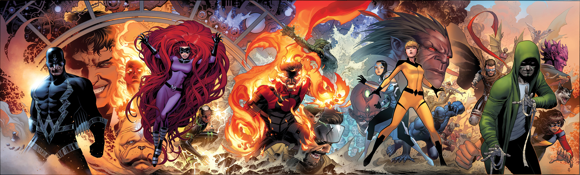 crystal (marvel), kamala khan, medusa (marvel), ms. marvel, inhumans, marvel, character request, comic cover, commentary, english commentary, highres, official art, third-party source, 6+boys, 6+girls, armor, bandaged hand, bandages, black bodysuit, black bolt (marvel), black boots, black gloves, black hair, blonde hair, blue armor, blue boots, blue eyes, blue skin, bodysuit, boots, brown eyes, brown hair, colored skin, covered abs, covered pectorals, dark-skinned female, dark-skinned male, dark skin, dog, domino mask, dust cloud, everyone, eye mask, facial hair, fire, fish boy, flint (marvel), forey (marvel), full body, gloves, gorgon (marvel), green hoodie, green skin, grin, hair slicked back, hood, hoodie, inferno (marvel), iso (marvel), jim cheung, karnak (marvel), lash (marvel), lockjaw (marvel), long hair, looking at viewer, mask, monster, monster boy, multiple boys, multiple girls, muscular, muscular male, mustache, naja (marvel), no pupils, official alternate hair length, official alternate hairstyle, open mouth, pectorals, pointy ears, purple bodysuit, pyrokinesis, reader (marvel), red eyes, red hair, red skin, sharp teeth, short hair, smile, smoke, spiked hair, superhero costume, teeth, triton (marvel), very long hair, webbed hands, western comics (style), white facial hair, wings, yellow bodysuit