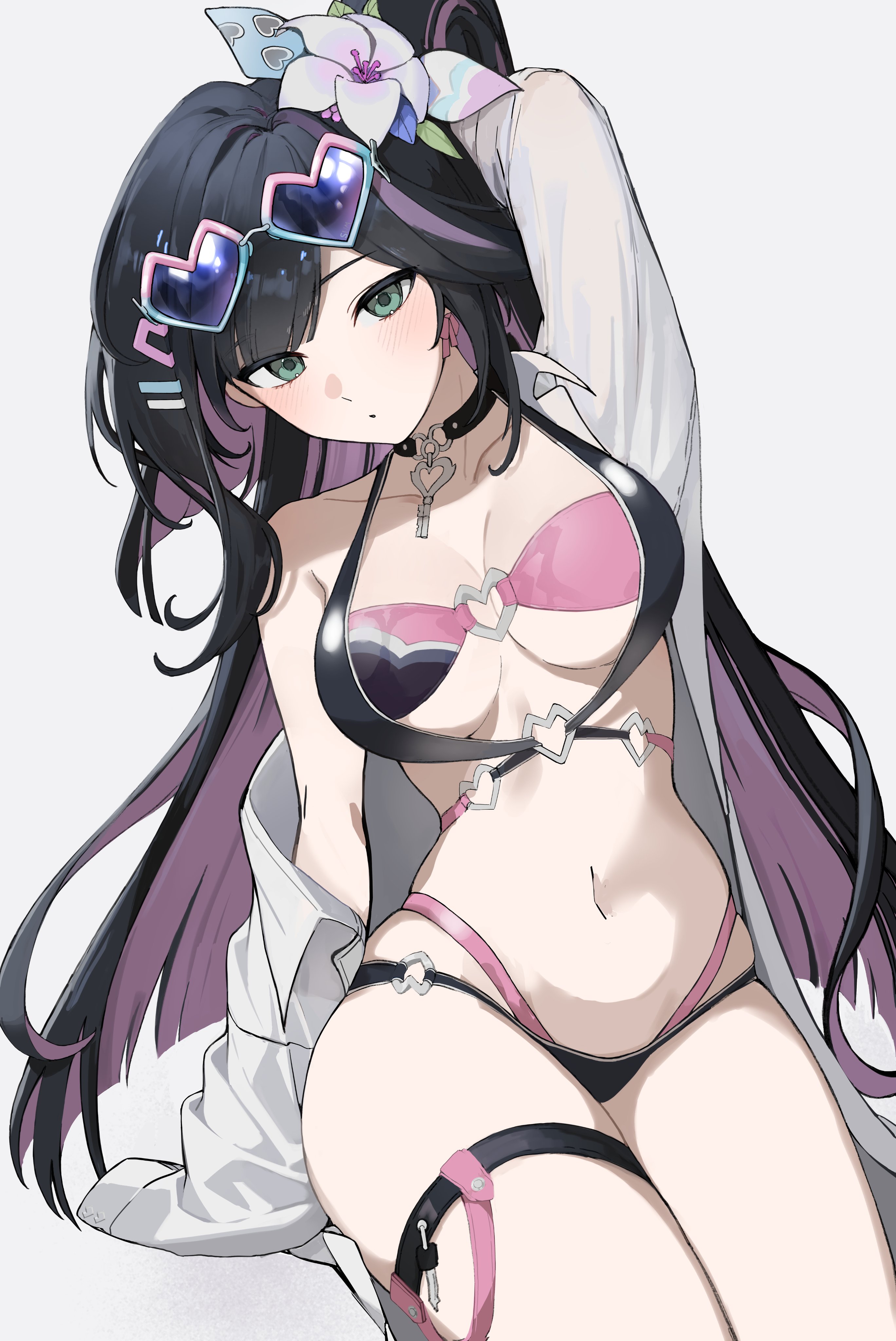 ahin db, abigail (eternal return), black survival, eternal return: black survival, 1girl, bikini, black hair, collar, green eyes, heart glasses, key, long hair, multicolored hair, navel, sitting, swimsuit, thigh strap