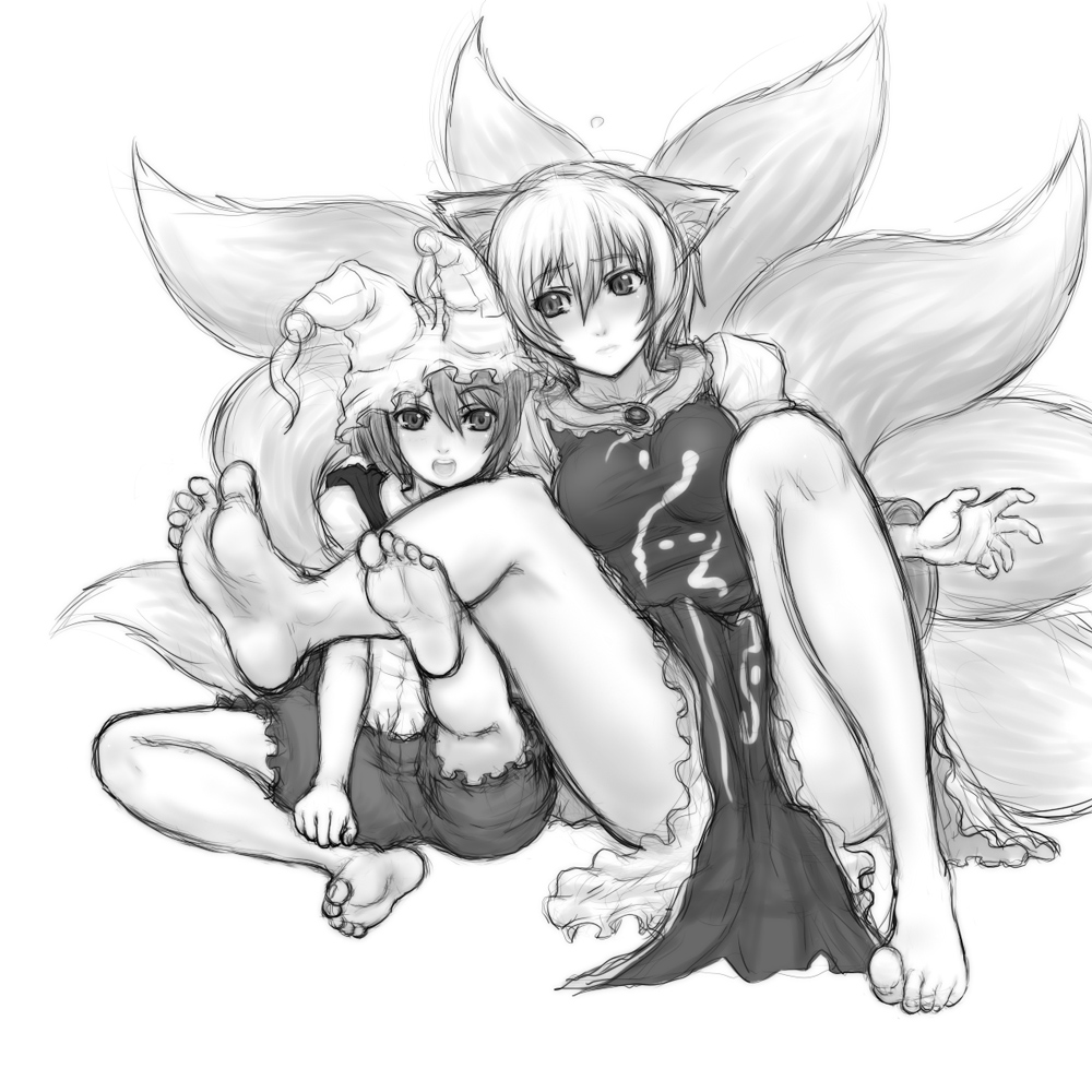 kuro suto sukii, chen, wriggle nightbug, yakumo ran, touhou, 2girls, animal ears, barefoot, feet, female focus, fox ears, fox tail, greyscale, hat, monochrome, multiple girls, multiple tails, short hair, simple background, tabard, tail, unworn hat, unworn headwear