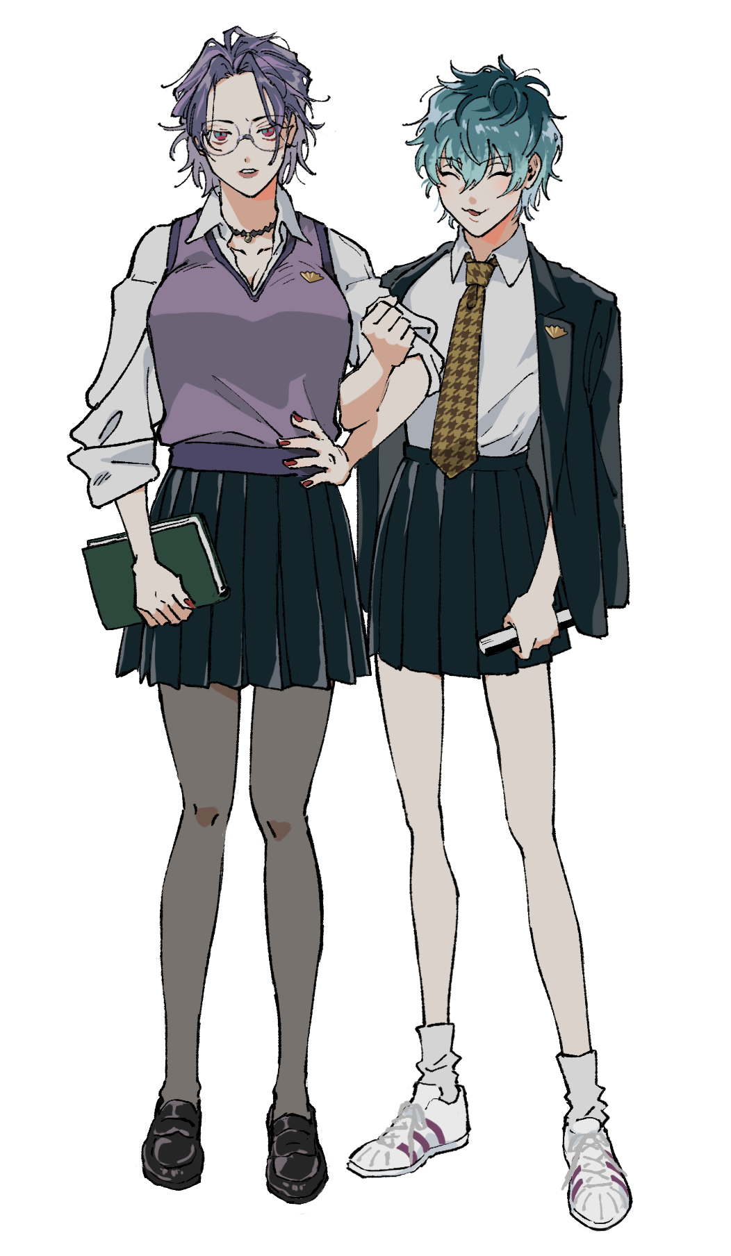 nurude sasara, tsutsujimori rosho, hypnosis mic, commentary, highres, 2girls, :3, ^ ^, aged down, ankle socks, aqua hair, arm at side, black jacket, black shoes, black skirt, blazer, book, breasts, choppy bangs, clenched hand, closed eyes, collarbone, collared shirt, curtained hair, facing another, fingernails, folded fan, folding fan, full body, furrowed brow, genderswap, genderswap (mtf), glasses, grey-framed eyewear, hand fan, hand on own hip, holding, holding book, holding fan, houndstooth, jacket, jacket on shoulders, jewelry, lapel pin, large breasts, light blush, loafers, locked arms, looking ahead, looking at viewer, multicolored hair, multiple girls, necklace, necktie, omanjumaturi1, open mouth, pale skin, pantyhose, parted bangs, partially unbuttoned, pink lips, pleated skirt, purple hair, purple sweater vest, red eyes, red nails, round eyewear, school uniform, shirt, shirt tucked in, shoes, short hair, side-by-side, simple background, skirt, sleeves rolled up, sneakers, socks, straight-on, sweater vest, white background, white shirt, white shoes, white socks, yellow necktie