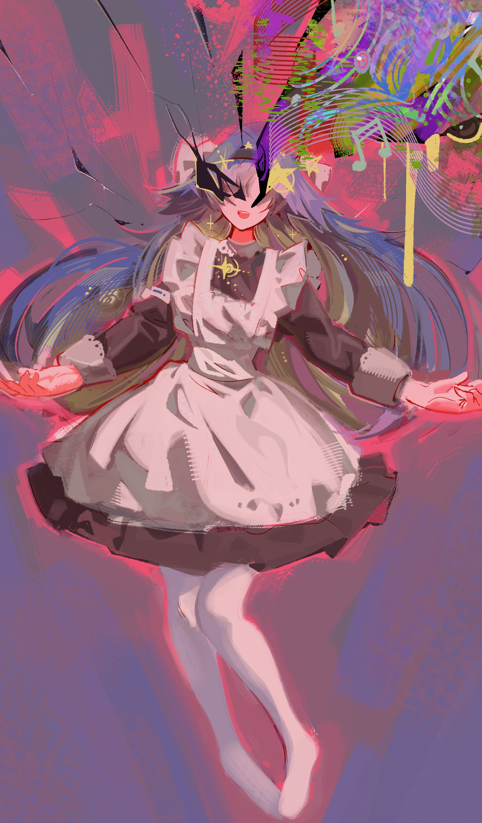 ufu fluffy, voyager (reverse:1999), reverse:1999, absurdres, commentary, english commentary, highres, 1girl, apron, beamed sixteenth notes, black dress, blonde hair, blue hair, colored inner hair, covered eyes, crack, dress, facing viewer, frilled apron, frills, full body, hair intakes, hair over eyes, long hair, multicolored hair, musical note, no shoes, open mouth, pantyhose, purple background, short dress, smile, solo, standing, star (symbol), very long hair, white apron, white pantyhose