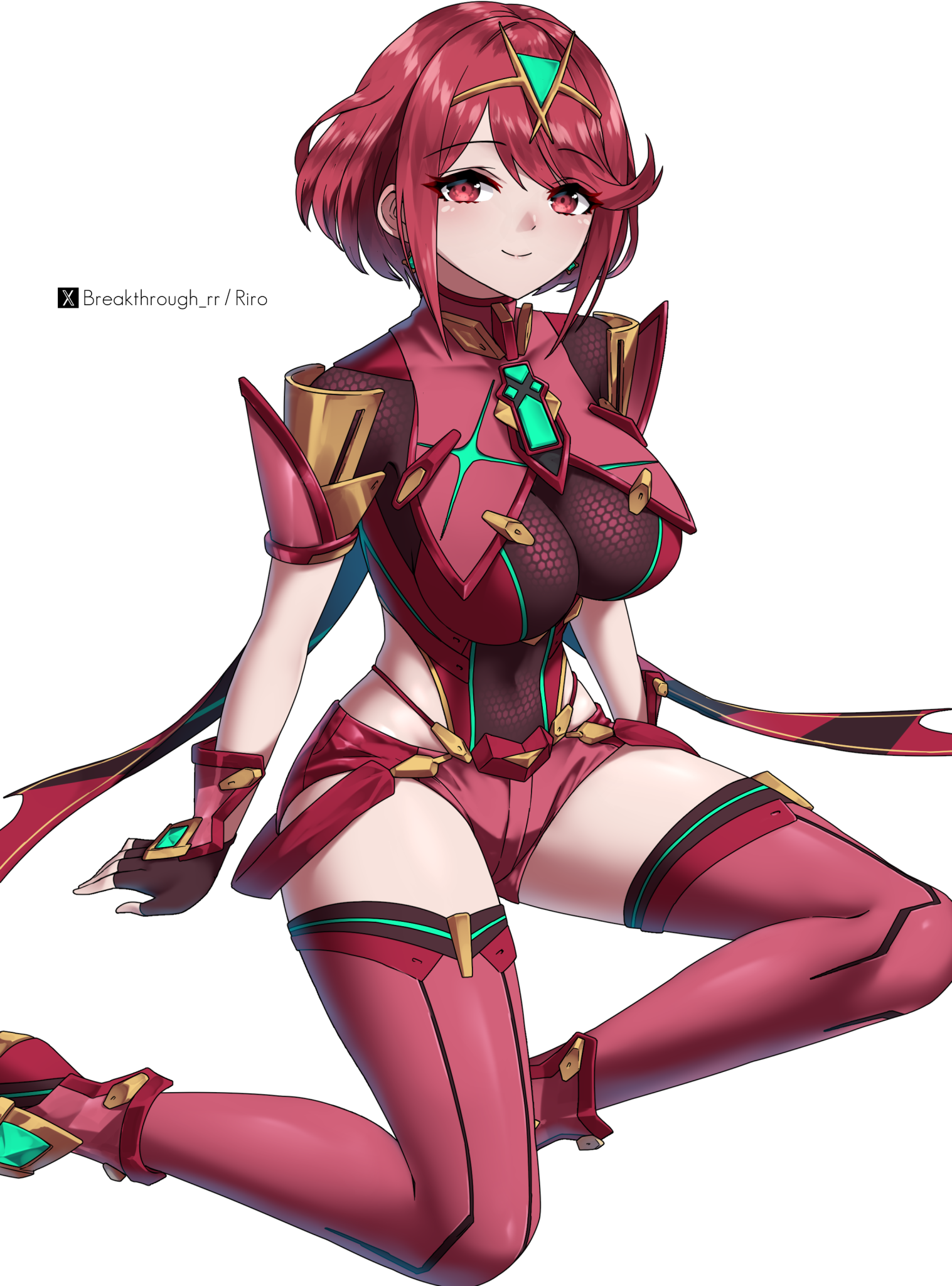 riro (breakthrough rr), pyra (xenoblade), xenoblade chronicles (series), xenoblade chronicles 2, commentary, highres, 1girl, arm support, artist name, bob cut, boots, breasts, brown gloves, chest jewel, closed mouth, completion time, core crystal (xenoblade), covered navel, fingerless gloves, gem, gloves, green gem, impossible clothes, large breasts, looking at viewer, red boots, red eyes, red hair, red shorts, short hair, short shorts, shorts, simple background, sitting, smile, solo, thigh boots, tiara, twitter username, twitter x logo, white background