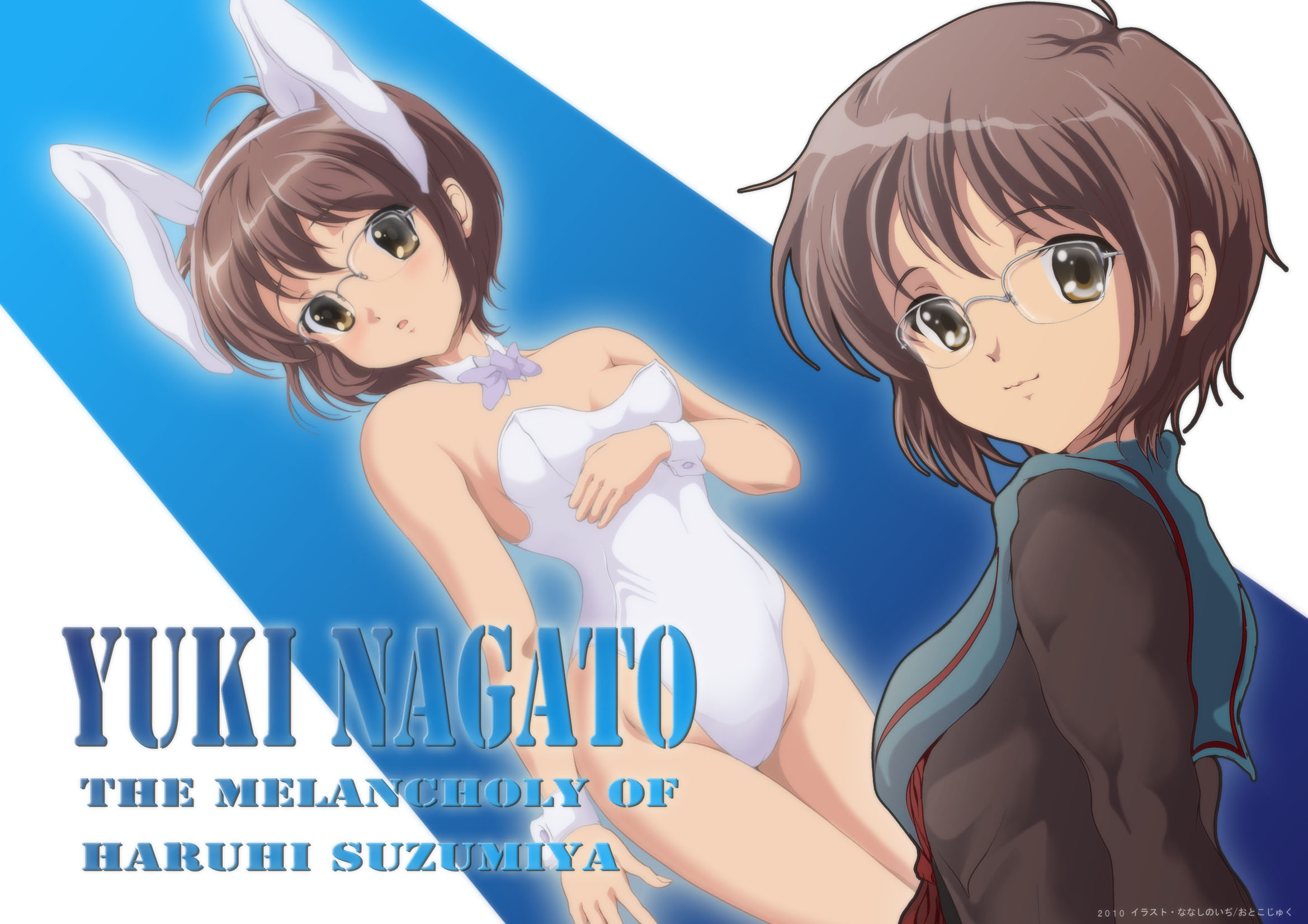 nanashi noiji, nagato yuki, suzumiya haruhi no yuuutsu, highres, 1girl, ahoge, animal ears, arm under breasts, bare legs, blouse, blue background, brown eyes, brown hair, character name, copyright name, cowboy shot, dated, detached collar, dutch angle, fake animal ears, glasses, gradient background, grey shirt, head tilt, legs together, multiple views, narrow waist, outline, playboy bunny, rabbit ears, raised eyebrows, school uniform, serafuku, shirt, short hair, smile, white background, wide-eyed