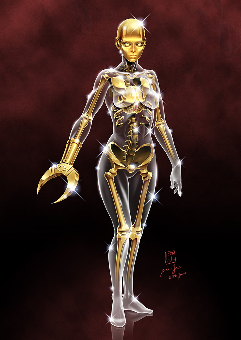 po-ju, crystal boy, space adventure cobra, commentary request, 1girl, 2024, arms at sides, artist name, breasts, brown background, closed mouth, completely nude, dated, full body, genderswap, genderswap (mtf), glint, gold theme, gradient background, invisible floor, lips, medium breasts, no pupils, nude, reflective floor, robot girl, see-through body, signature, skeleton, solo, standing