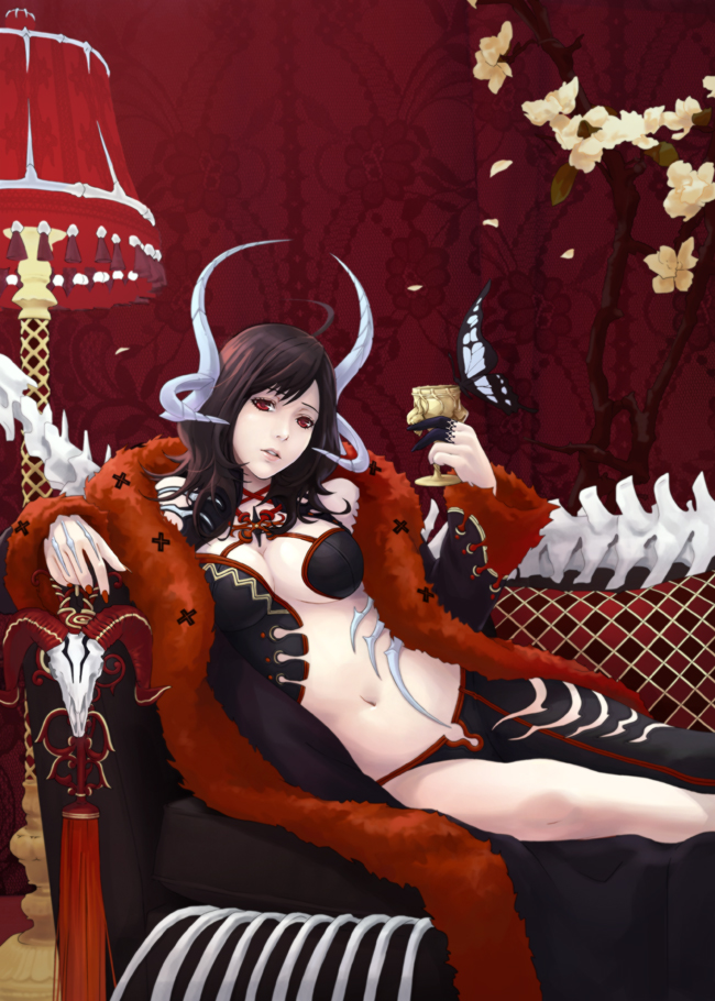 eat, eat0123, original, 1girl, black hair, breasts, bug, butterfly, cleavage, demon girl, female focus, horns, insect, lying, navel, on side, red eyes, solo