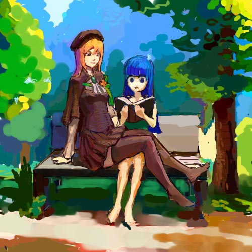 furude rika, takano miyo, higurashi no naku koro ni, lowres, non-web source, 2girls, age difference, blonde hair, blue hair, book, child, multiple girls, oekaki, onee-loli, thighhighs, yuri