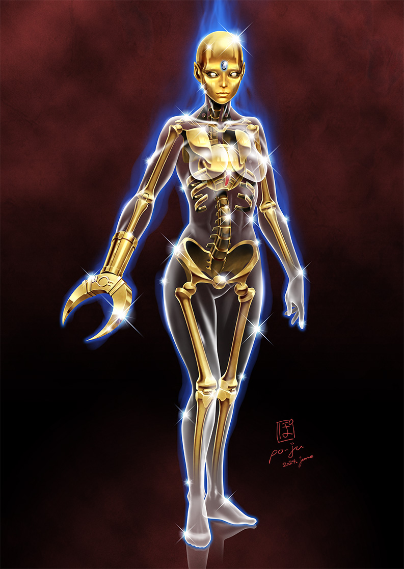 po-ju, crystal boy, space adventure cobra, blue gem, character request, commentary request, variant set, 1girl, 2024, arms at sides, artist name, blue aura, breasts, brown background, closed mouth, completely nude, dated, forehead jewel, full body, gem, genderswap, genderswap (mtf), glint, gold theme, gradient background, invisible floor, lips, medium breasts, no pupils, nude, reflective floor, robot girl, see-through body, signature, skeleton, solo, standing