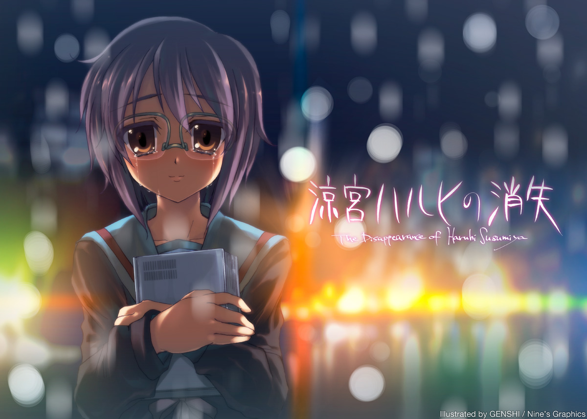 genshi, nagato yuki, suzumiya haruhi no shoushitsu, suzumiya haruhi no yuuutsu, bad id, bad pixiv id, 10s, 1girl, book, brown eyes, cardigan, female focus, glasses, grey hair, purple hair, scarf, school uniform, serafuku, short hair, solo, tears