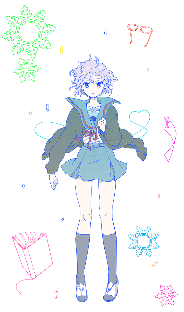 mwgi, nagato yuki, suzumiya haruhi no shoushitsu, suzumiya haruhi no yuuutsu, bad id, bad pixiv id, 10s, book, cardigan, flat color, glasses, legs, school uniform, serafuku, short hair, snowflakes, solo