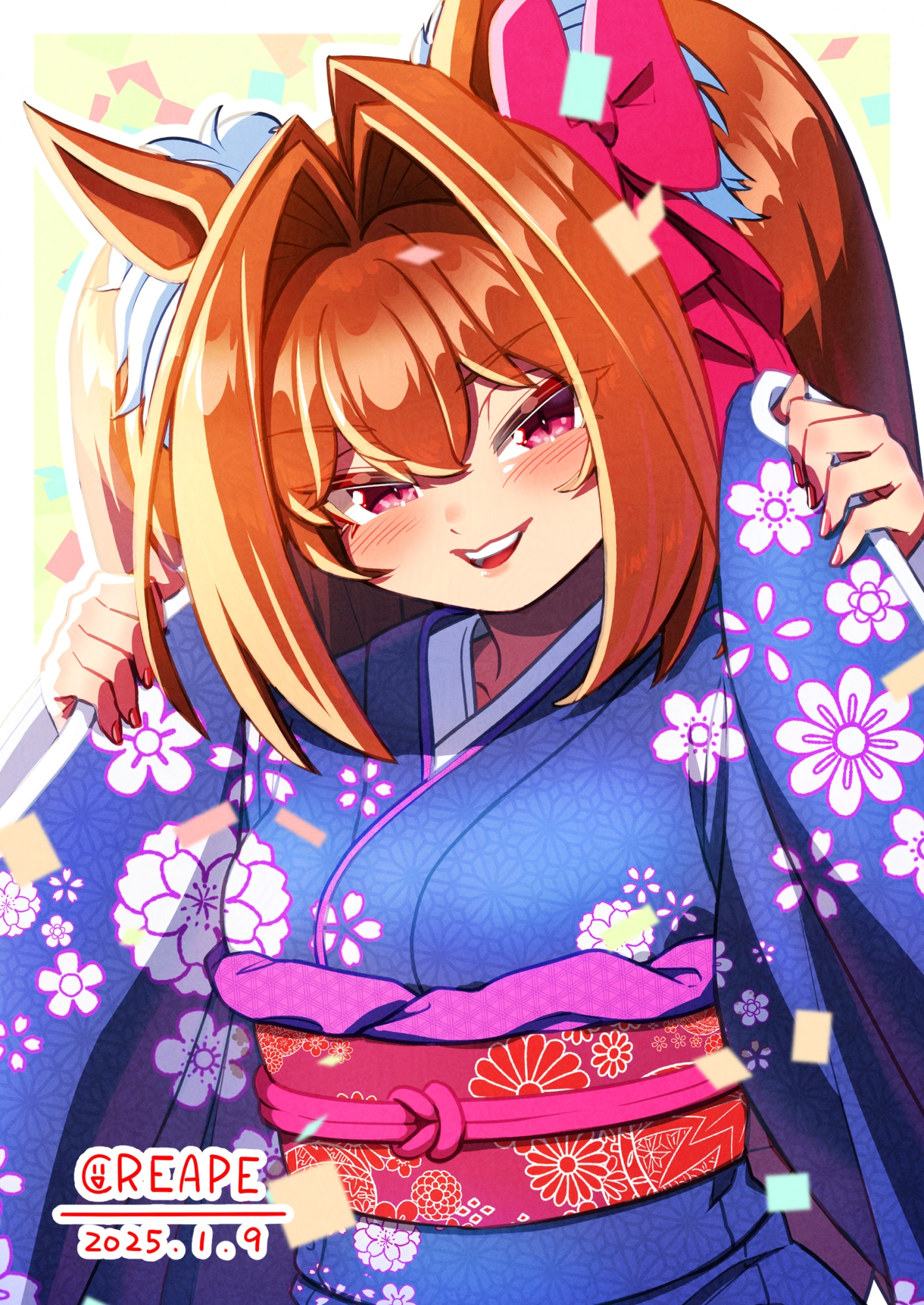 creape, daiwa scarlet (umamusume), umamusume, commentary request, highres, 1girl, animal ears, blue kimono, blush, breasts, brown hair, confetti, floral print, floral print kimono, hair between eyes, hair intakes, horse ears, horse girl, japanese clothes, kimono, long hair, long sleeves, looking at viewer, obi, open mouth, print kimono, red eyes, sash, smile, solo, teeth, twintails, upper teeth only, very long hair, wide sleeves
