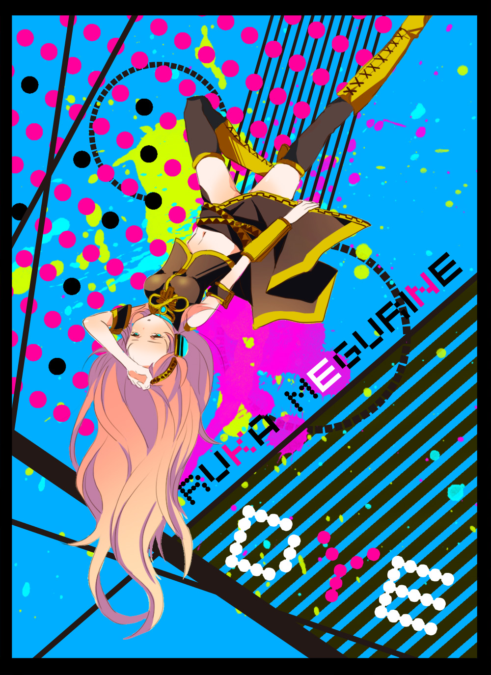 yui (artist), yui (marine-drive), megurine luka, dye (vocaloid), vocaloid, highres, 1girl, aqua eyes, avtechno!, boots, female focus, long hair, pink hair, solo, thighhighs, very long hair, zettai ryouiki