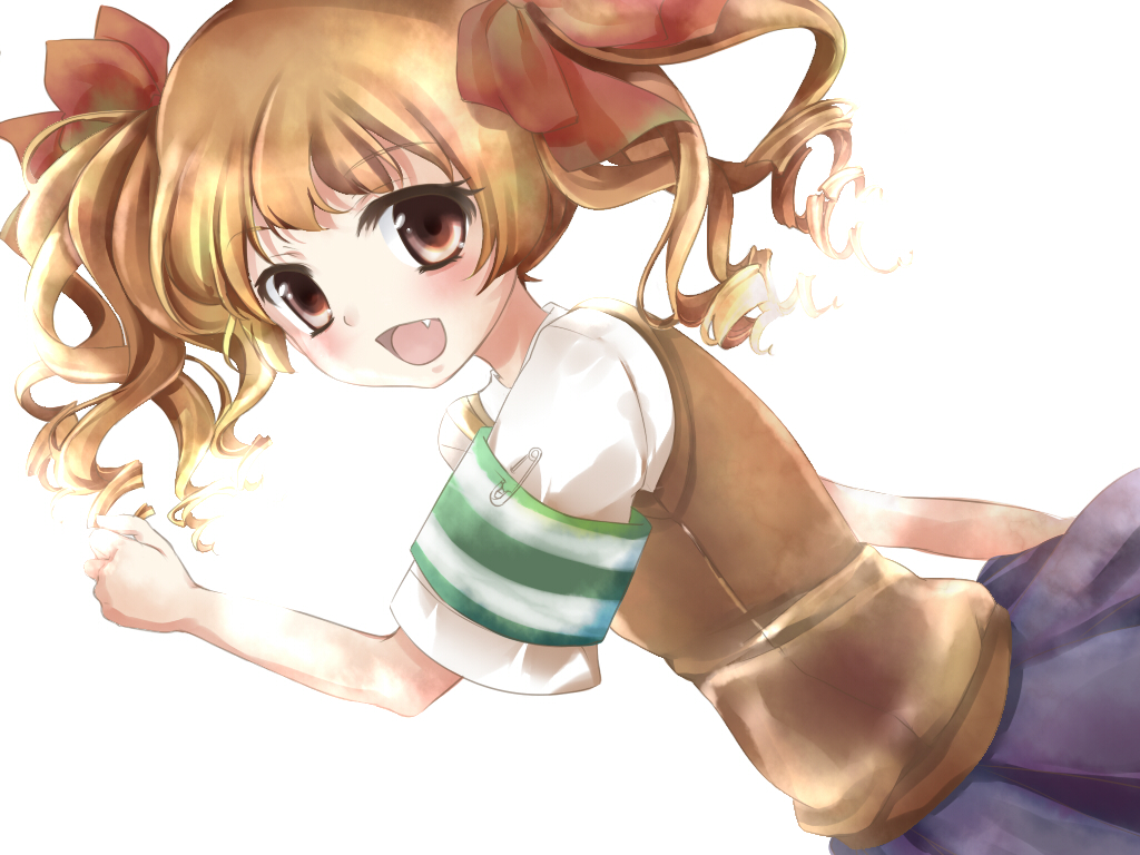 ayase miko, shirai kuroko, toaru kagaku no railgun, toaru majutsu no index, 1girl, armband, brown eyes, brown hair, dutch angle, fang, female focus, long hair, school uniform, simple background, solo, sweater vest, twintails