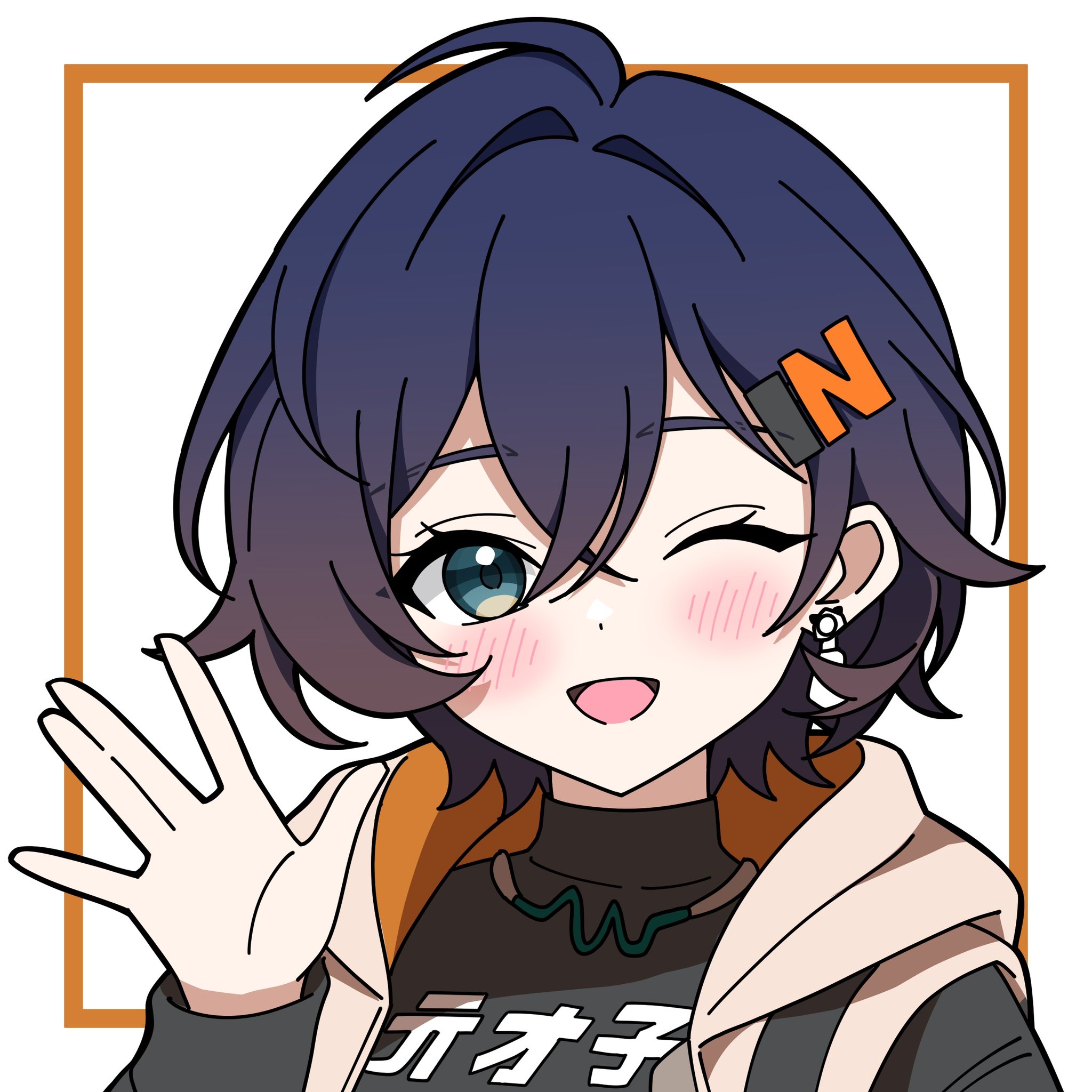 bokutaaaa, belle (zenless zone zero), zenless zone zero, hashtag-only commentary, highres, 1girl, ahoge, black shirt, blue hair, blush, border, clothes writing, crossed bangs, earrings, green eyes, hair between eyes, hair intakes, hair ornament, jewelry, letter hair ornament, looking at viewer, one eye closed, open mouth, orange border, portrait, shirt, short hair, simple background, solo, waving, white background