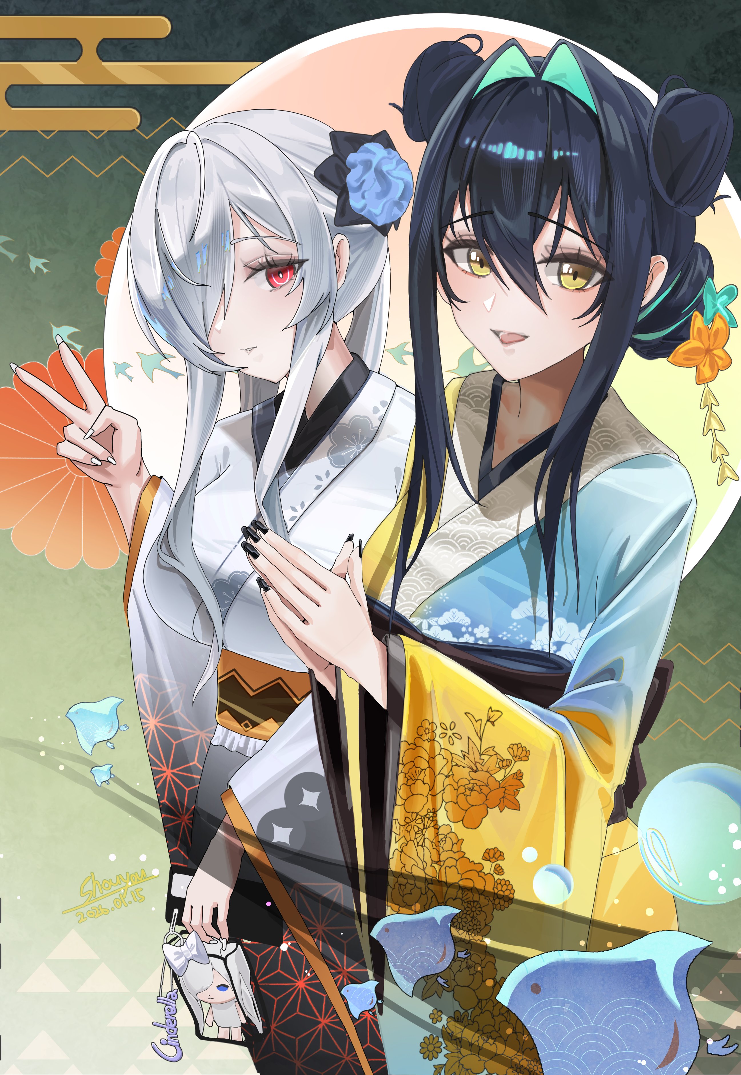 shouyou (egcr8334), cinderella (nikke), little mermaid (nikke), goddess of victory: nikke, absurdres, commentary, english commentary, highres, 2girls, black hair, double bun, hair between eyes, hair bun, hair intakes, japanese clothes, kimono, looking at viewer, multiple girls, one eye covered, open mouth, praying, print background, print kimono, red eyes, sidelocks, v, white hair, yellow eyes