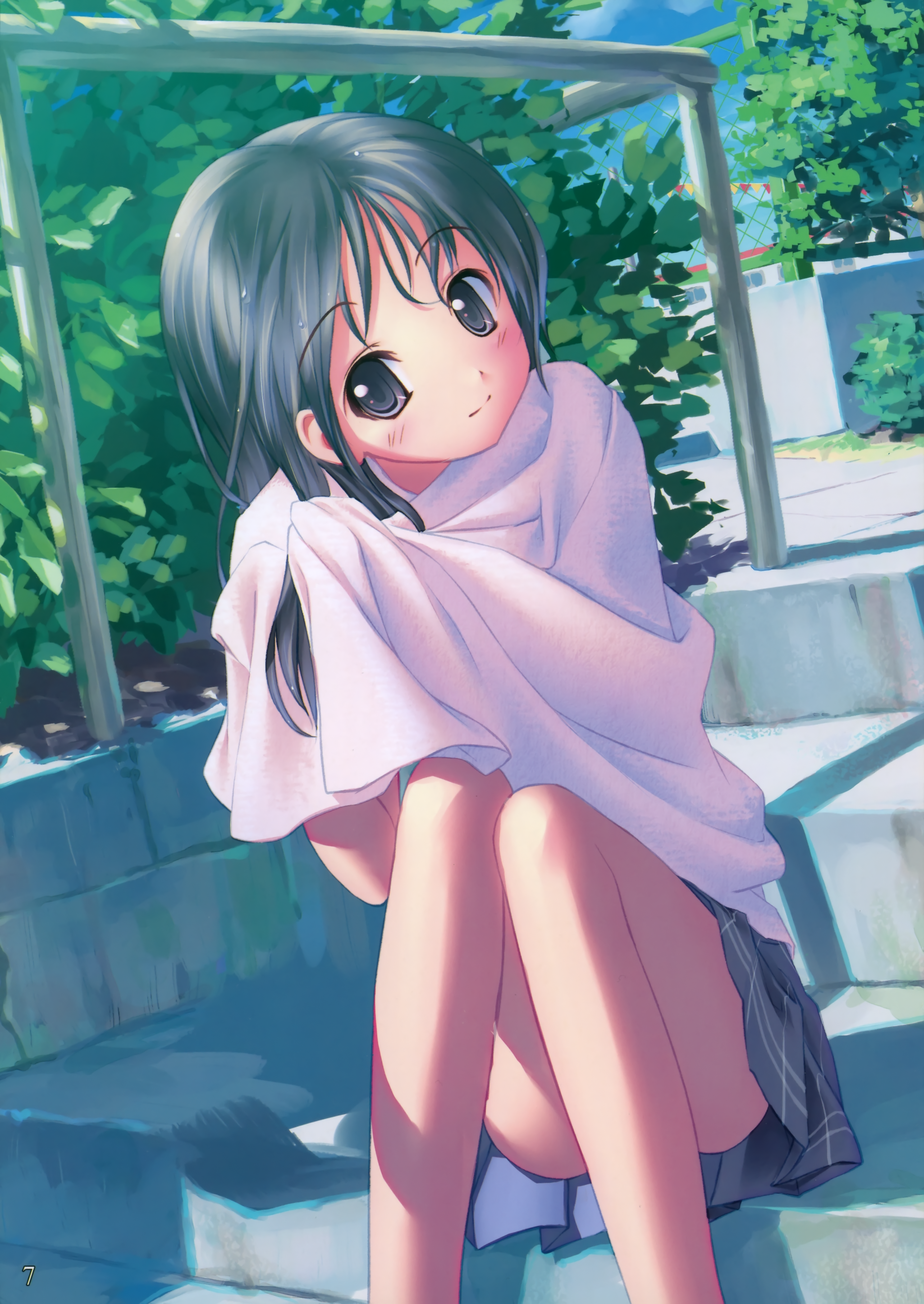 takoyaki (roast), original, absurdres, highres, 1girl, black eyes, black hair, blush, female focus, legs, long hair, nature, outdoors, pleated skirt, sitting, sitting on stairs, skirt, sky, smile, solo, stairs, towel, wet