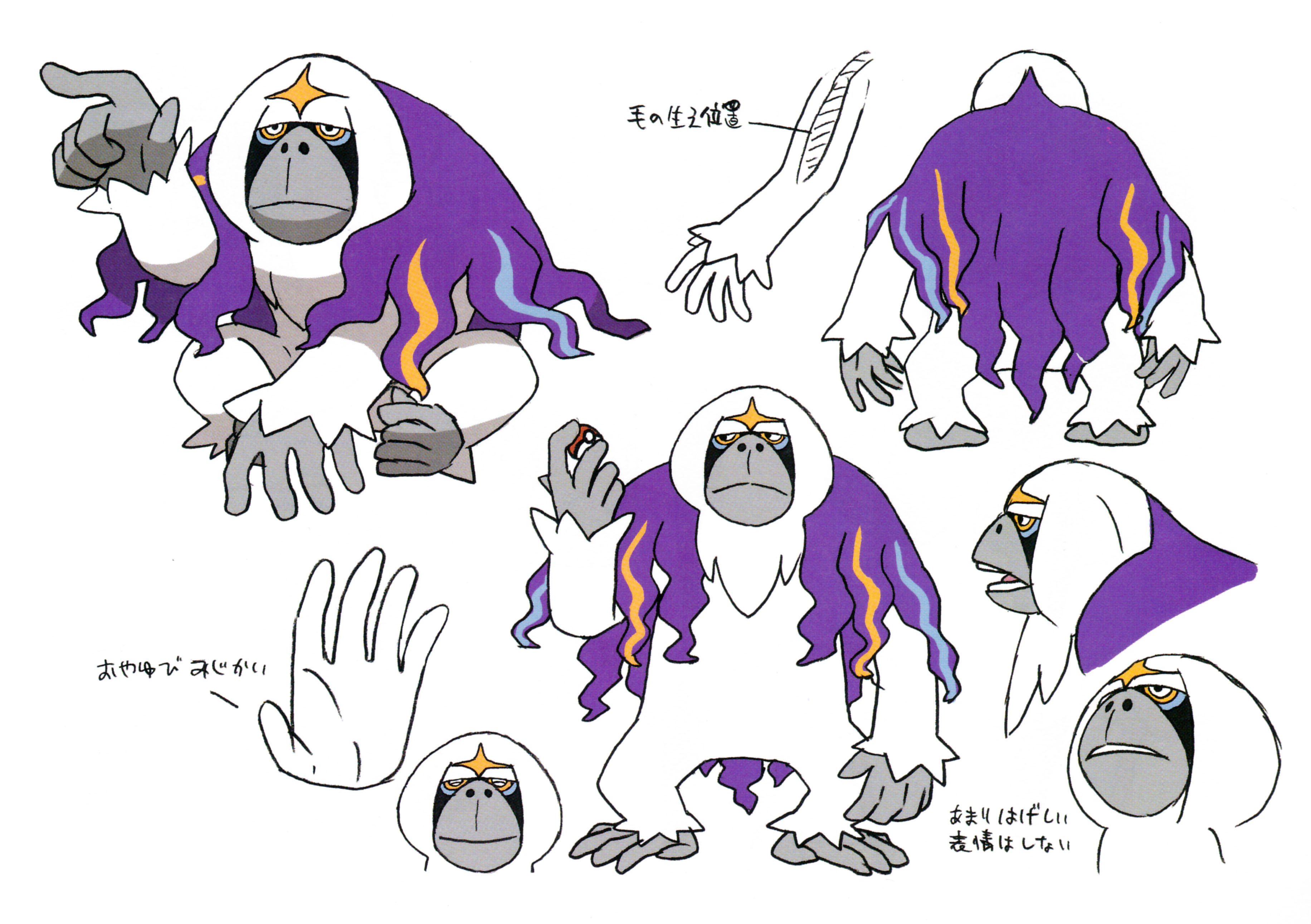 oranguru, nintendo, pokemon, pokemon sm, absurdres, artist request, commentary, concept art, english commentary, highres, official art, third-party source, translation request, closed eyes, closed mouth, from behind, full body, gen 7 pokemon, nostrils, open mouth, pointing, pokemon (creature), pokemon focus, reference sheet, simple background, sitting, smile, standing, teeth, white background