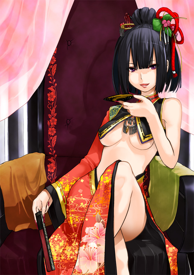 ask02, original, 1girl, black hair, breasts, brown eyes, china dress, chinese clothes, crossed legs, dress, female focus, flapper shirt, folded fan, folding fan, hand fan, holding, holding fan, legs, lips, midriff, shirt, short hair, sitting, solo, underboob