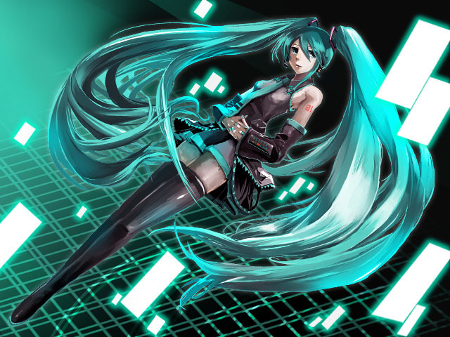 minamimori machi, hatsune miku, vocaloid, 1girl, aqua eyes, aqua hair, detached sleeves, female focus, full body, headphones, headset, legs, long hair, necktie, skirt, smile, solo, thighhighs, twintails, very long hair, zettai ryouiki