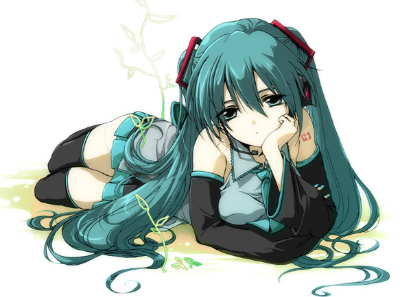 irikok, miurakoriki, hatsune miku, vocaloid, bad id, bad piapro id, 1girl, aqua eyes, aqua hair, detached sleeves, female focus, headphones, headset, long hair, lying, necktie, on side, skirt, solo, thighhighs, twintails, zettai ryouiki