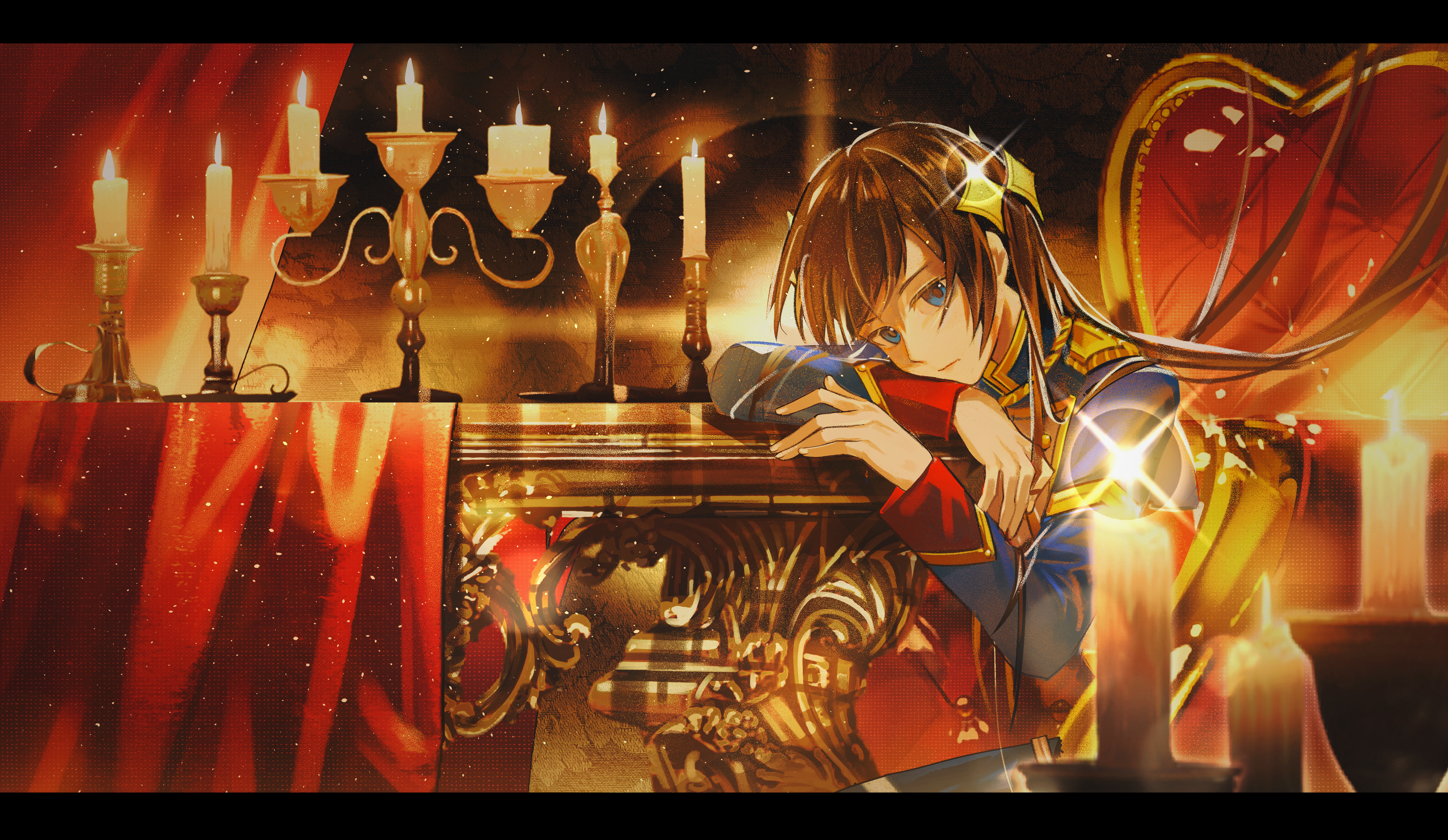 wu huo (nor020113), kagura hikari, shoujo kageki revue starlight, absurdres, chinese commentary, commentary request, highres, 1girl, :/, aiguillette, arm rest, armchair, black hair, blue eyes, blue jacket, blurry, blurry background, blurry foreground, candelabra, candlestand, chair, closed mouth, curtains, depth of field, diffraction spikes, epaulettes, film grain, fingernails, glint, hair flowing over, hand rest, hands up, head rest, head tilt, hunched over, jacket, lens flare, letterboxed, lips, long hair, long sleeves, looking at viewer, multicolored jacket, night, parted bangs, sideways glance, sitting, solo, sparkle hair ornament, star (sky), table, tablecloth, twirling hair, upper body, yellow trim