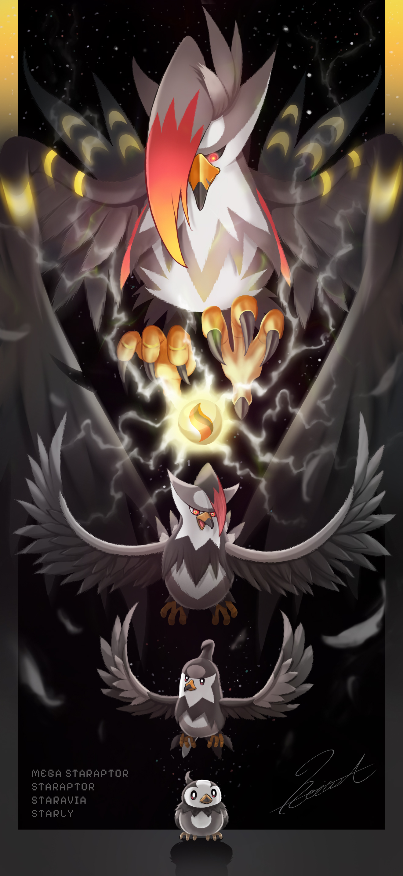 peace7322, mega staraptor, staraptor, staravia, starly, nintendo, pokemon, absurdres, commentary request, highres, mixed-language commentary, animal focus, bird, black background, black sclera, bright pupils, character name, closed mouth, colored sclera, electricity, evolutionary line, feathers, flying, gen 4 pokemon, mega pokemon, no humans, open mouth, pokemon (creature), pokemon focus, red eyes, signature, white pupils