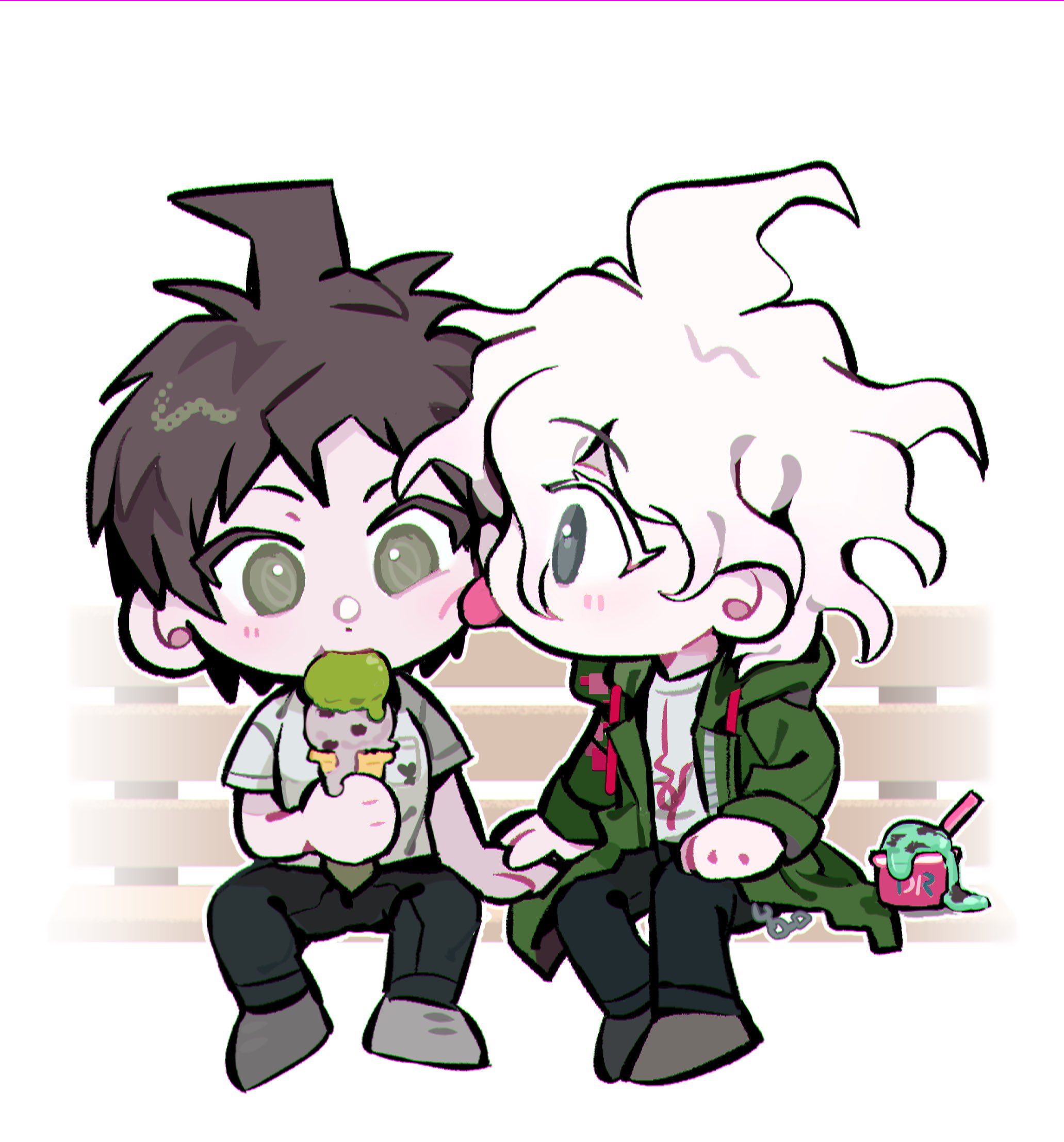 okamotoo, hinata hajime, komaeda nagito, danganronpa (series), danganronpa 2: goodbye despair, commentary, english commentary, highres, 2boys, ahoge, bench, blue eyes, brown hair, chibi, chibi only, colored eyelashes, cup, disposable cup, disposable ice cream cup, disposable spoon, eating, food, green eyes, green jacket, green necktie, hand on another's hand, holding, holding food, holding ice cream, holding ice cream cone, hood, hood down, hooded jacket, ice cream, ice cream cone, ice cream cone spill, ice cream spoon, jacket, licking, licking another's cheek, licking another's face, looking at another, male focus, melting, messy hair, multiple boys, multiple scoops, necktie, on bench, open clothes, open jacket, park bench, print shirt, shirt, simple background, sitting, soft serve, spoon, tongue, tongue out, white background, white eyelashes, white hair, yaoi