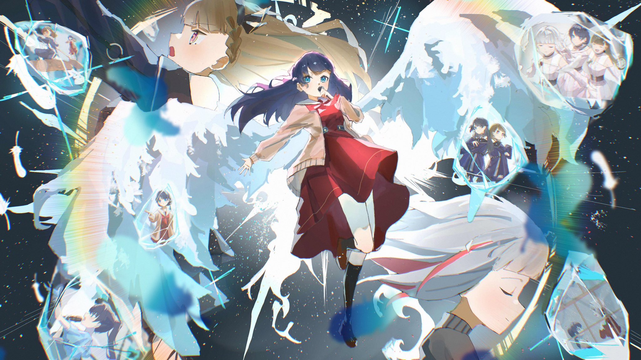 zen66574227, kachimachi kosuzu, murano sayaka, murano sayaka (figure skating dress), yugiri tsuzuri, yugiri tsuzuri (post-graduation), link! like! love live!, love live!, commentary, highres, 3girls, ampere (love live!), blue eyes, blue hair, bob cut, brown cardigan, brown dress, brown hair, cardigan, dollchestra, dream believers, dress, grey hair, hajimari no haneoto, hasu no sora gym uniform, hasu no sora school uniform, inverted bob, long hair, long sleeves, medium dress, multiple girls, multiple views, neckerchief, open cardigan, open clothes, oversized wings, pink eyes, red neckerchief, sailor collar, sailor dress, school uniform, short hair, virtual youtuber, white sailor collar, white wings, wings, winter uniform