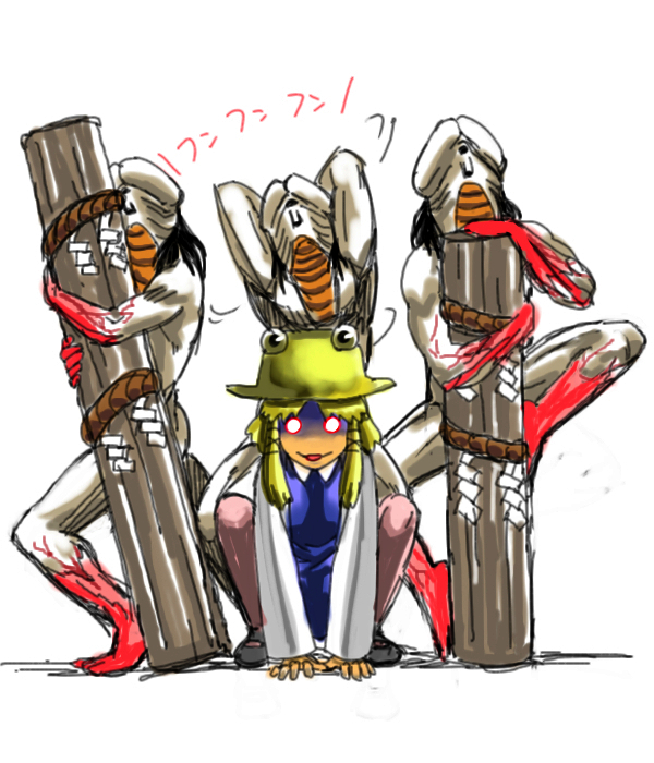 mishaguji (megami tensei), moriya suwako, devil summoner: soul hackers, devil summoner (series), shin megami tensei, touhou, 1girl, blonde hair, crossover, demon (megami tensei), glowing, glowing eyes, hat, misplaced genitals, name connection, pantyhose, penis, penis head, phallic symbol, sexually suggestive, short hair