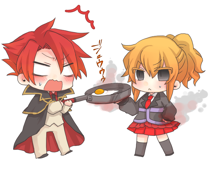 azuki (lizzy), ushiromiya battler, ushiromiya jessica, umineko no naku koro ni, 1boy, 1girl, :<, blonde hair, cape, cloak, cousins, flaming hand, frying pan, grey eyes, red hair, skirt, socks, surprised, sweatdrop