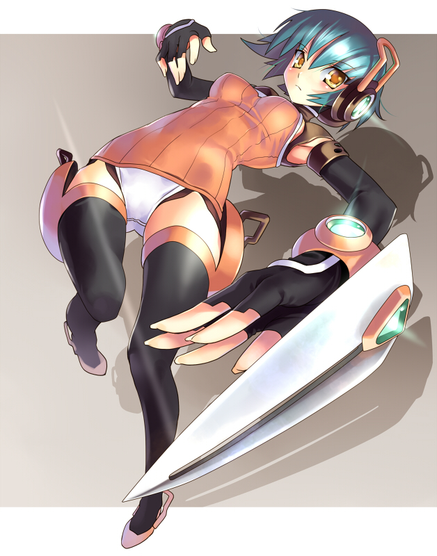 katahira masashi, original, 1girl, arched back, blue hair, female focus, foreshortening, full body, short hair, solo, thighhighs, yellow eyes