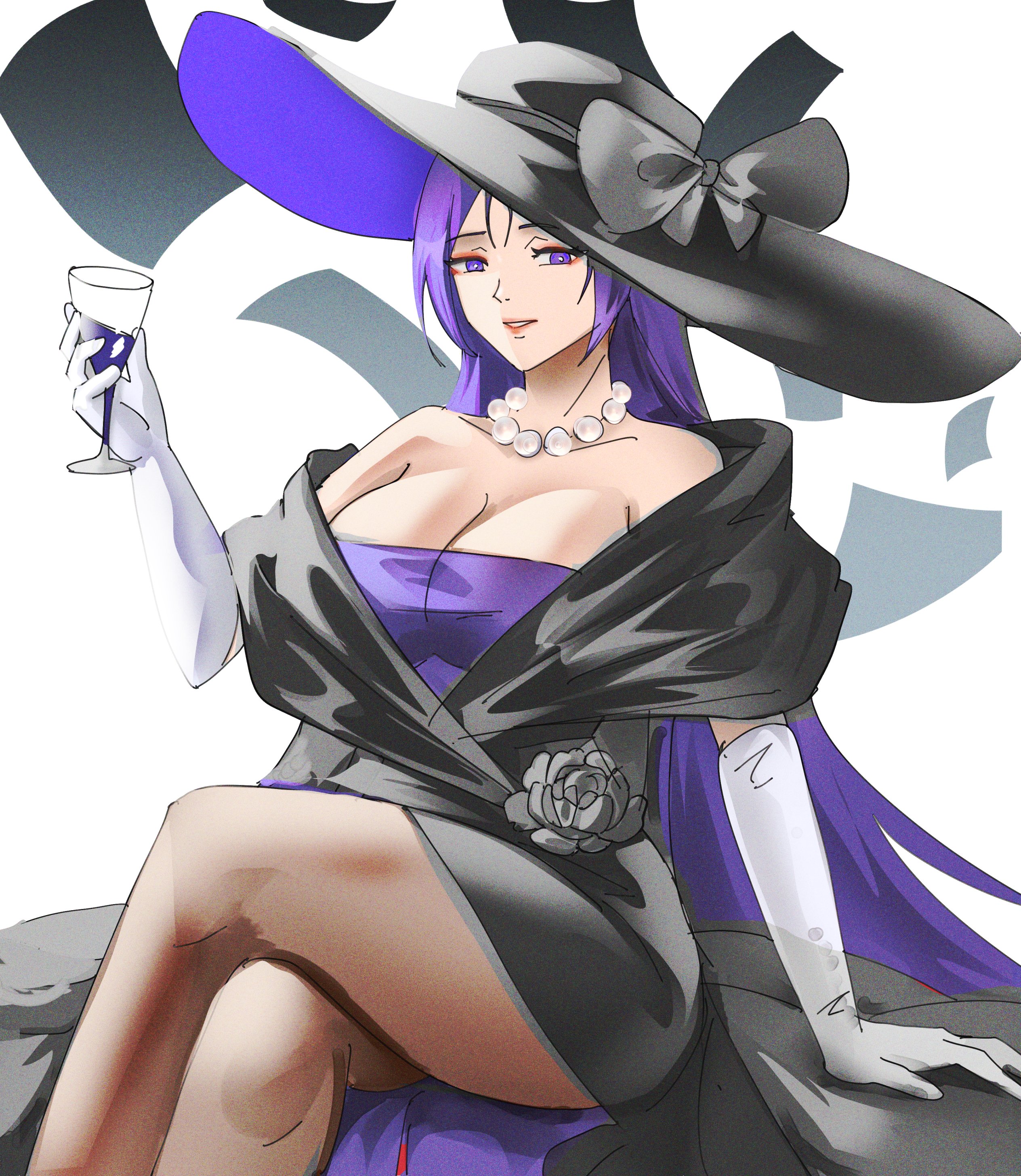 notgustiarp, minamoto no raikou (fate), fate/grand order, fate (series), absurdres, commentary, highres, black bow, bow, breasts, cleavage, cup, dress, drinking glass, elbow gloves, flower, gloves, hat, holding, holding cup, jewelry, large hat, lipstick, long hair, makeup, necklace, pearl necklace, purple dress, purple eyes, purple hair, sitting, sun hat, thighs, white gloves, wine glass