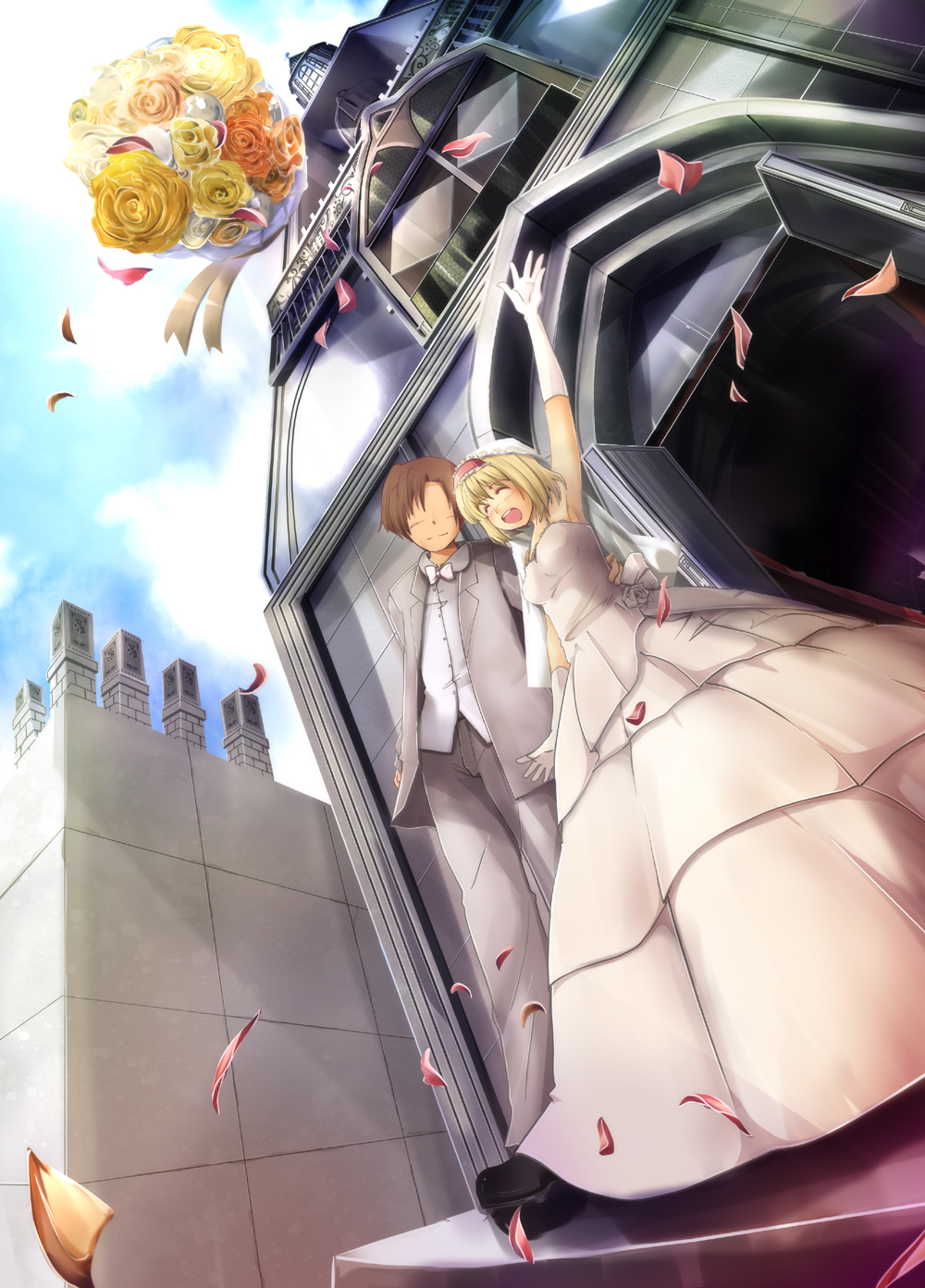 ruku (alicecreation), alice margatroid, touhou, highres, 1boy, 1girl, blonde hair, bouquet, bride, couple, dress, faceless, faceless male, flower, from below, gloves, hetero, petals, wedding, wedding dress