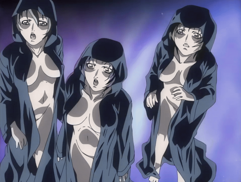 kozono nami, morita rie, shido saki, bible black, bible black gaiden, animated, animated gif, tagme, 00s, 2002, 3girls, basement, breasts, brown hair, cloak, green eyes, green hair, hood, large breasts, lipstick, makeup, multiple girls, open mouth, purple hair, ritual, robe, short hair, smile, summoning, surprised, yellow eyes