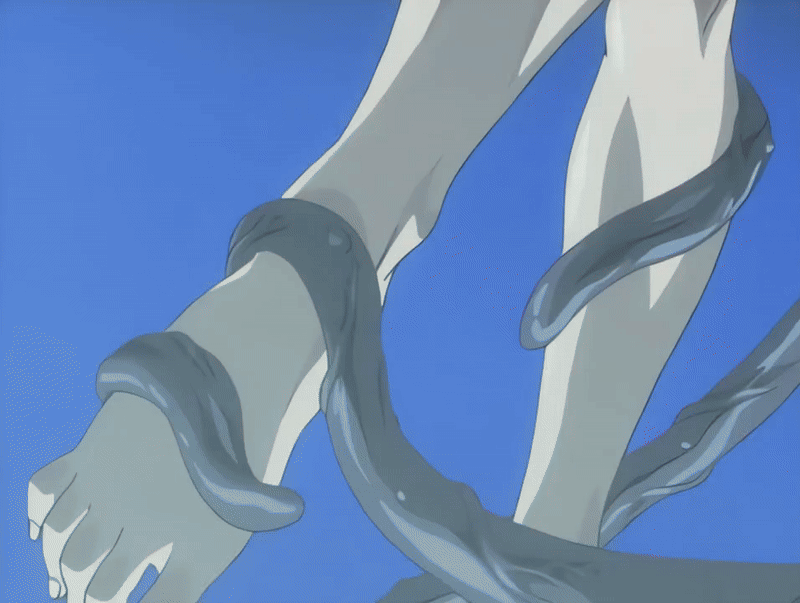 takashiro hiroko, bible black, bible black gaiden, animated, animated gif, tagme, 00s, 1girl, 2002, blood, breast expansion, breasts, cloak, closed eyes, completely nude, demon, demon boy, groping, large breasts, long hair, molestation, nipples, nude, red hair, restrained, tentacles