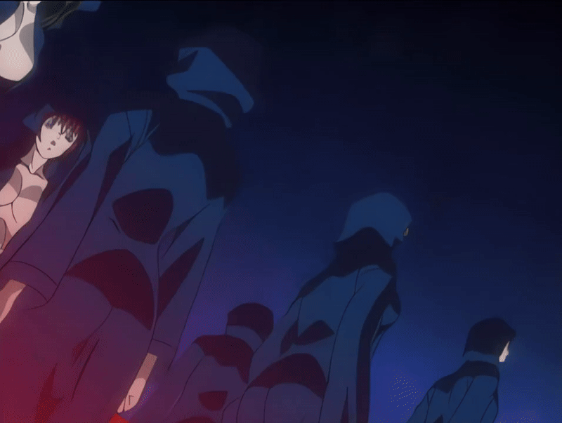 kozono nami, morita rie, shido saki, takashiro hiroko, bible black, bible black gaiden, animated, animated gif, tagme, 00s, 1girl, 2002, 6+girls, basement, bed sheet, breasts, cloak, dead animal, green hair, hood, large breasts, lipstick, makeup, multiple girls, purple eyes, purple hair, red hair, ritual, robe, smile, summoning, weapon, yellow eyes