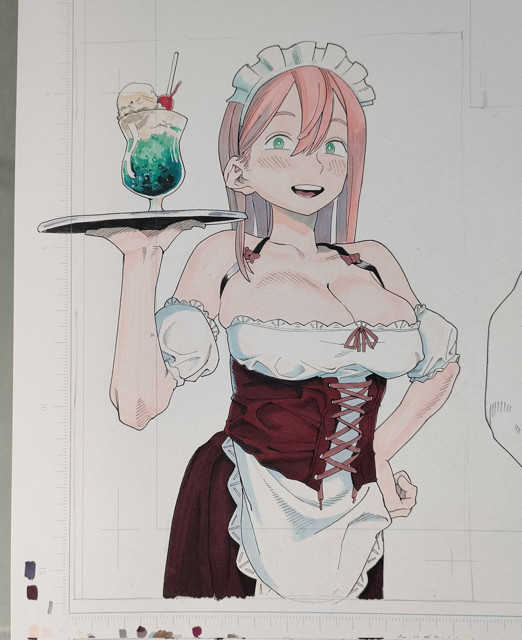 artist request, photo (medium), tagme, 1girl, apron, breasts, cleavage, green eyes, large breasts, maid, maid apron, maid headdress, pink hair