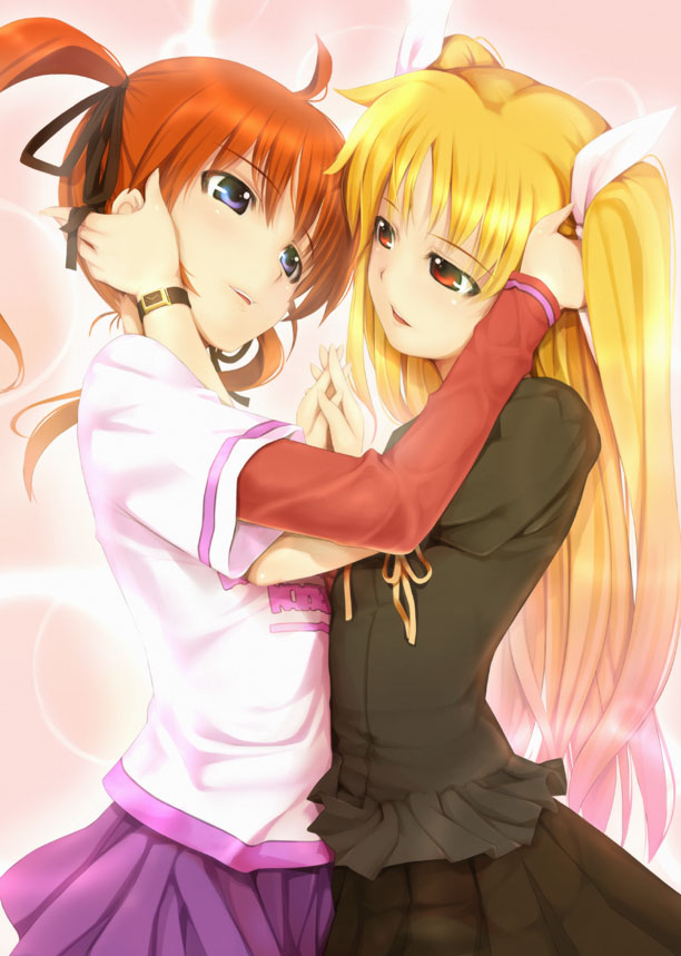 mikazuki akira!, fate testarossa, takamachi nanoha, lyrical nanoha, mahou shoujo lyrical nanoha, jpeg artifacts, 00s, 2girls, arm behind head, blonde hair, brown hair, casual, couple, eye contact, face-to-face, hair ornament, hair ribbon, holding hands, hug, looking at another, multiple girls, open mouth, purple eyes, red eyes, ribbon, shirt, skirt, smile, twintails, watch, wristwatch, yuri