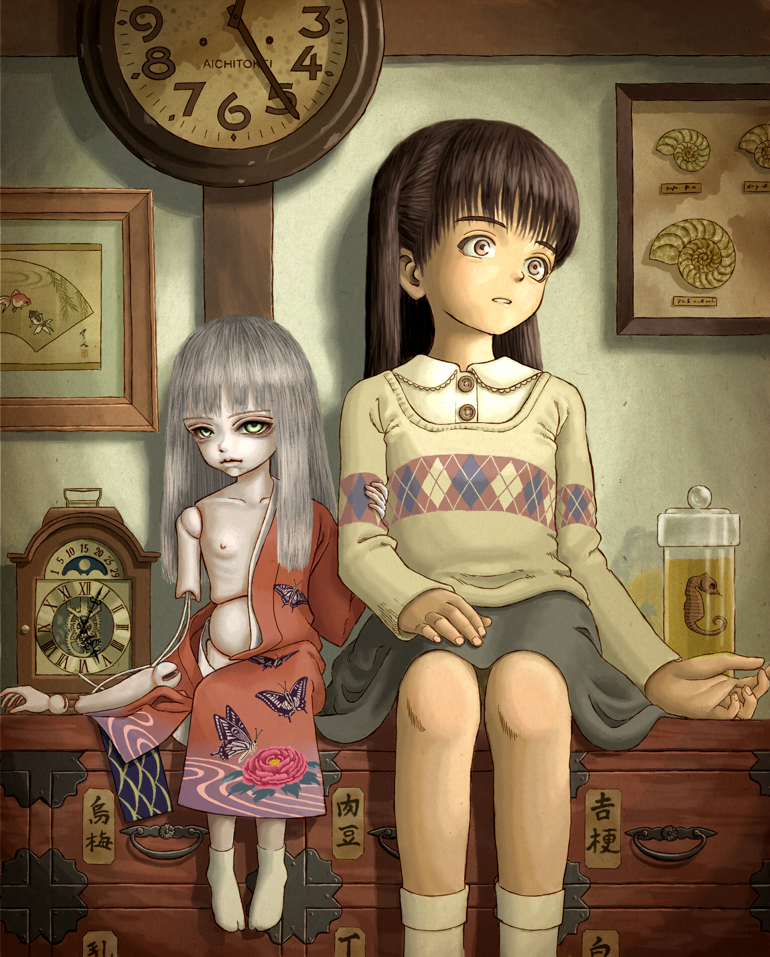 skyape, original, bad id, bad pixiv id, highres, 1girl, breasts, brown hair, bug, butterfly, clock, creepy, doll, doll joints, drawer, empty eyes, female focus, fish, flower, grey hair, horror (theme), indoors, insect, japanese clothes, joints, kimono, loli, mantel clock, nipples, no shoes, parted lips, ribs, seahorse, seashell, shell, sitting, small breasts, solo, tabi, wall clock