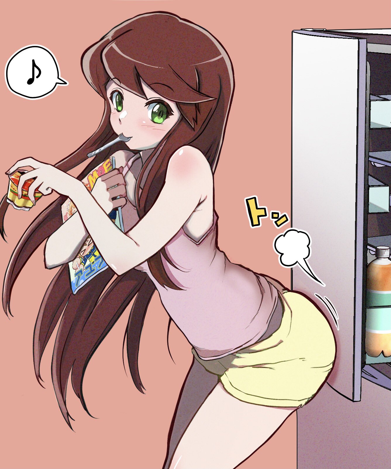kokora (kokorahen), amezaki chihaya, jikkyou powerful pro yakyuu, power pro kun pocket, power pro kun pocket 13, commentary request, highres, 1girl, book, brown hair, camisole, eighth note, food, green eyes, holding, holding book, long hair, musical note, pink background, pink camisole, pudding, refrigerator, short shorts, shorts, solo, sound effects, spoken musical note, spoon, utensil in mouth, yellow shorts