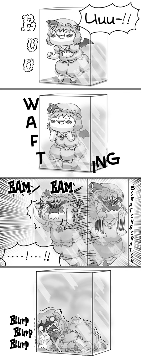 clammbon, remilia scarlet, touhou, hard-translated, third-party edit, translated, comic, death, english text, fart, female focus, greyscale, monochrome, tears, vomit, yukkuri shiteitte ne