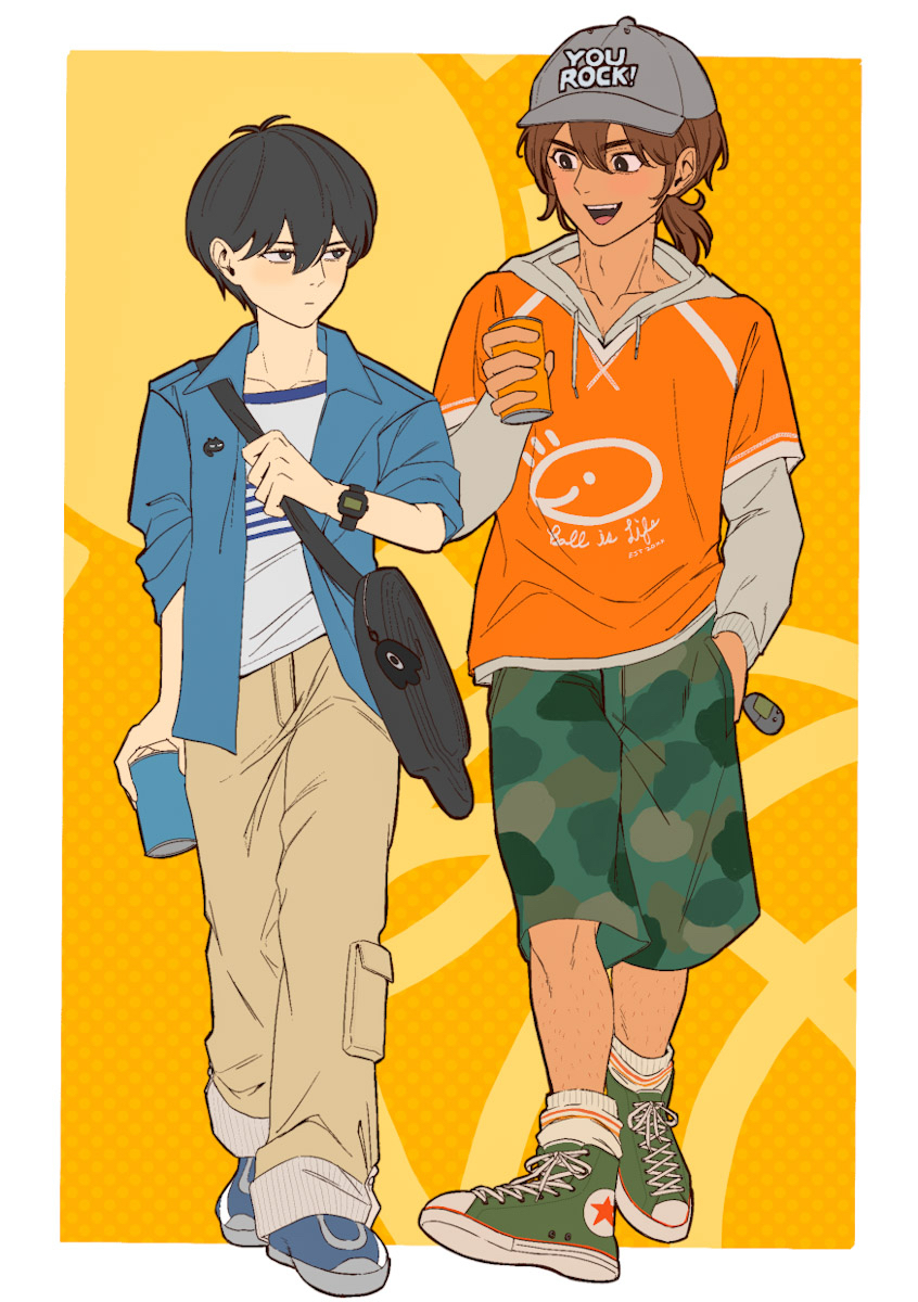 msdnno kabe, kel (birthday) (omori), kel (faraway) (omori), kel (omori), mewo, something (omori), sunny (birthday) (omori), sunny (omori), omori, commentary, english commentary, highres, 2boys, antenna hair, bag charm, baseball cap, black bag, black eyes, black hair, blue jacket, blue shoes, brown hair, brown pants, camouflage, camouflage shorts, character bag, character charm, charm (object), closed mouth, collarbone, collared jacket, dark-skinned male, dark skin, double-parted bangs, green shoes, grey hat, hair between eyes, hand in pocket, hat, hood, hoodie, jacket, long sleeves, looking at another, low ponytail, male focus, multiple boys, official alternate costume, open mouth, orange hoodie, pants, ponytail, shirt, shoes, short-sleeved jacket, short hair, short ponytail, short sleeves, shorts, sneakers, socks, t-shirt, teeth, upper teeth only, watch, white shirt, white socks, wristwatch